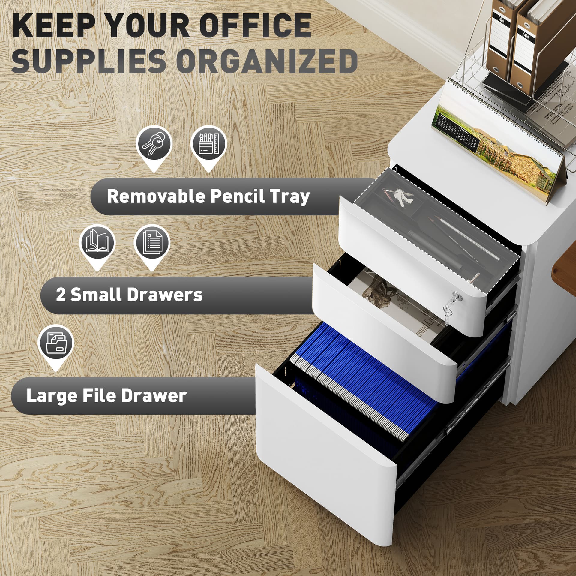 3 Drawer Filing Cabinet, Lockable Steel Office Storage Cabinet with Hanging Bar for Letter, A4, Legal Files, White