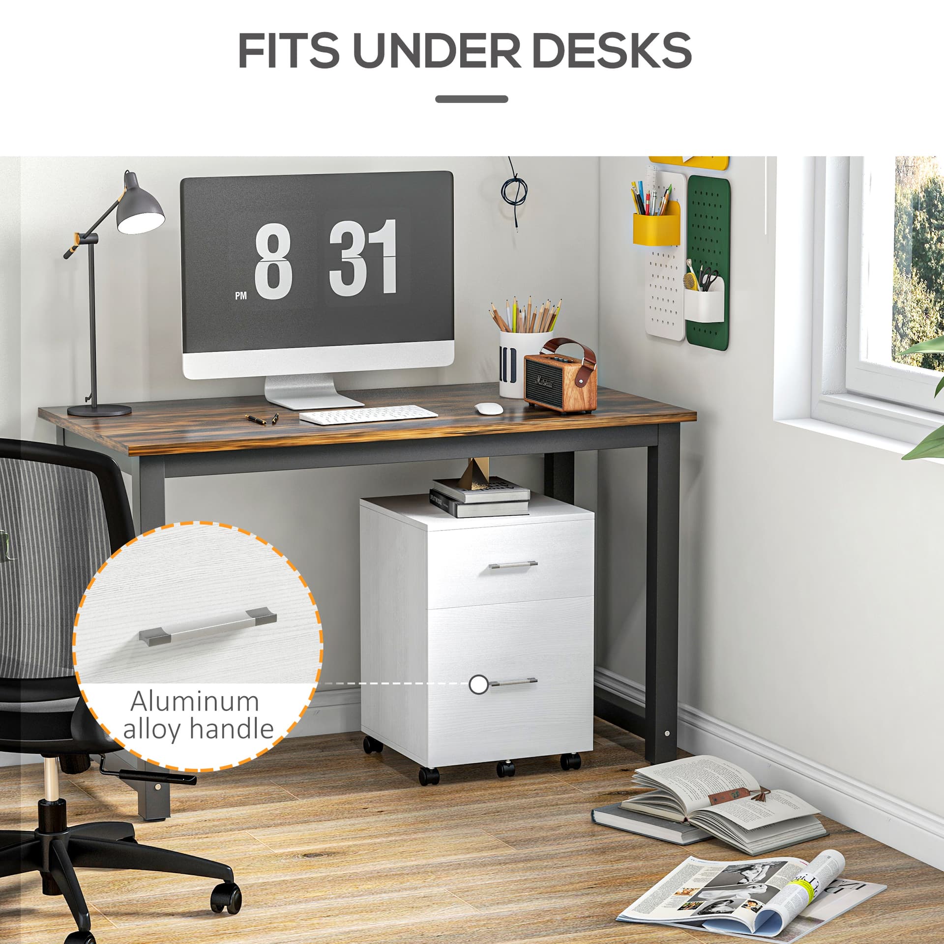 Mobile Filing Cabinet, Vertical File Cabinet with 2 Drawers, Wheels, for Letter or A4 File, White