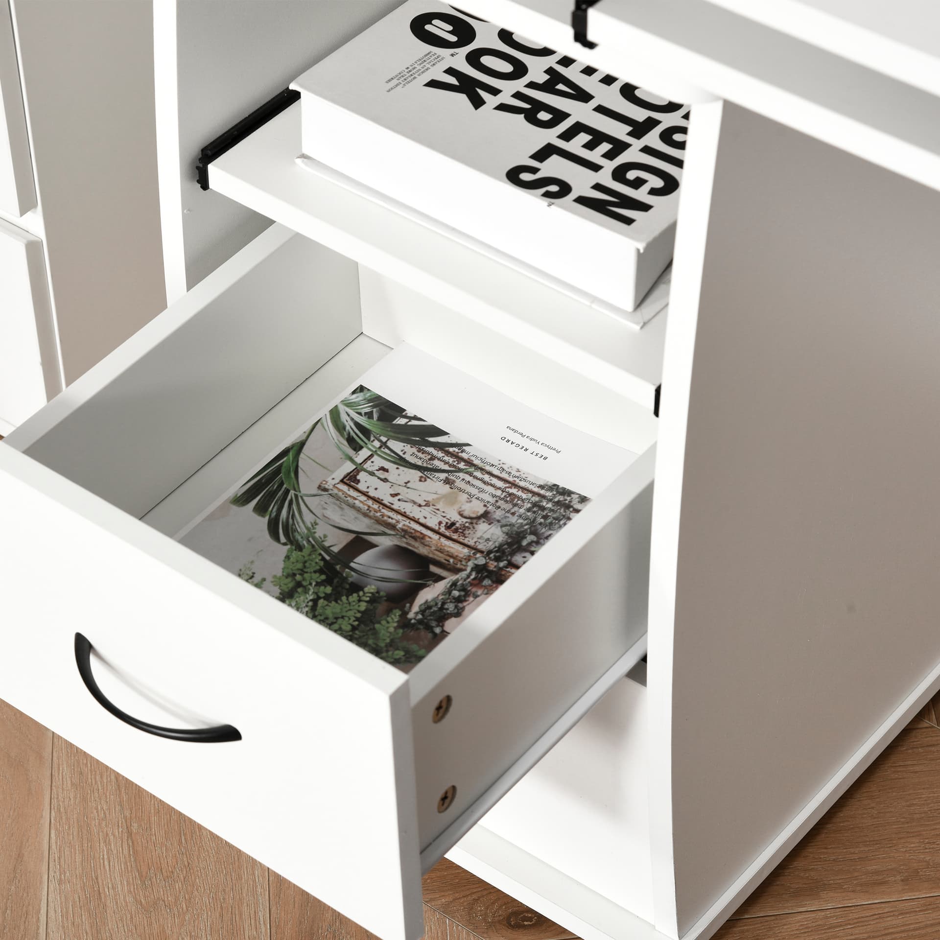 Computer Desk with Keyboard Tray, Home Office Desk with Drawers, CPU Stand, Printer Stand and Open Shelves, Writing Workstation for Study, White