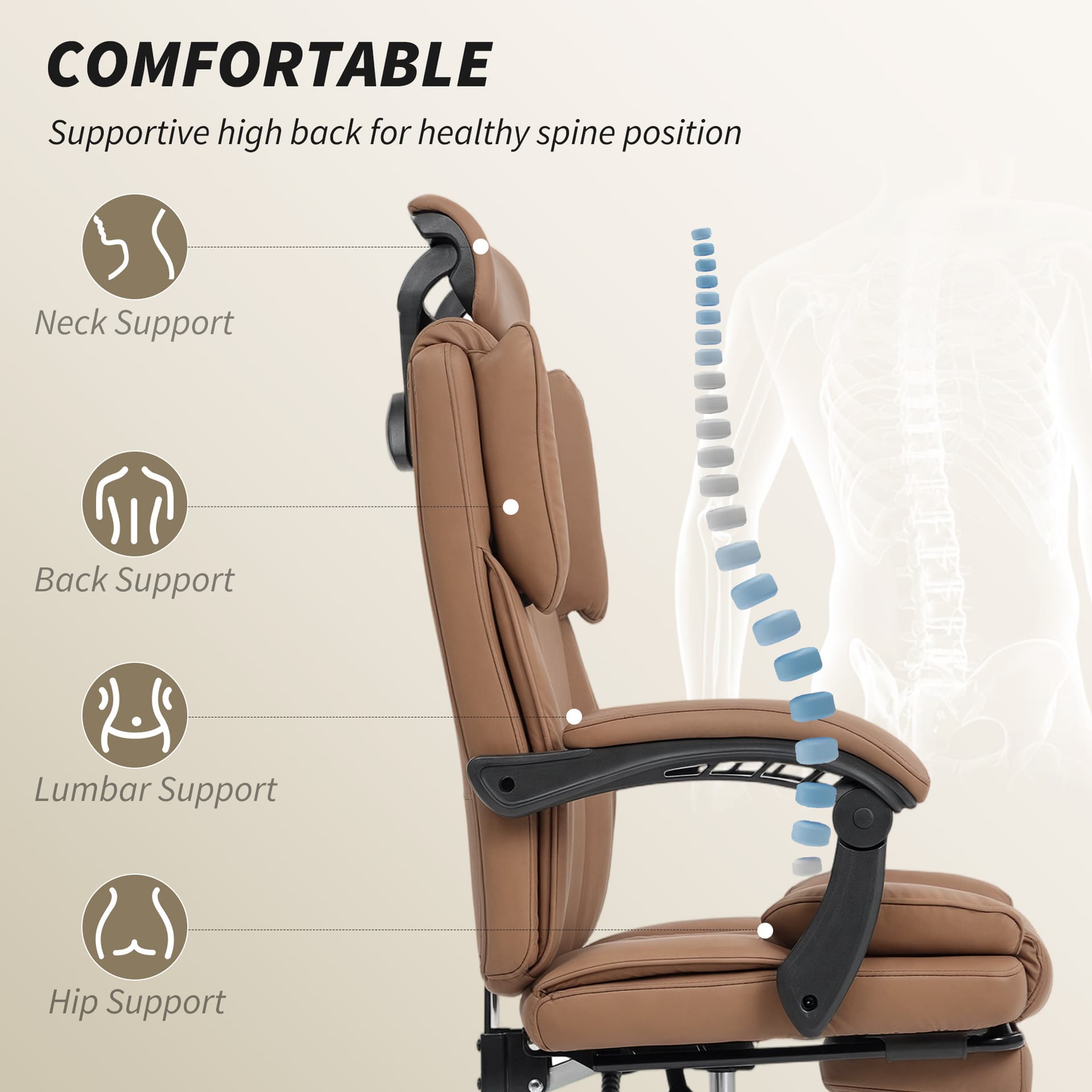 Reclining Office Chair, Executive Desk Chair with Pet-Friendly Fabric, Headrest, Footrest, Swivel Wheels, Brown