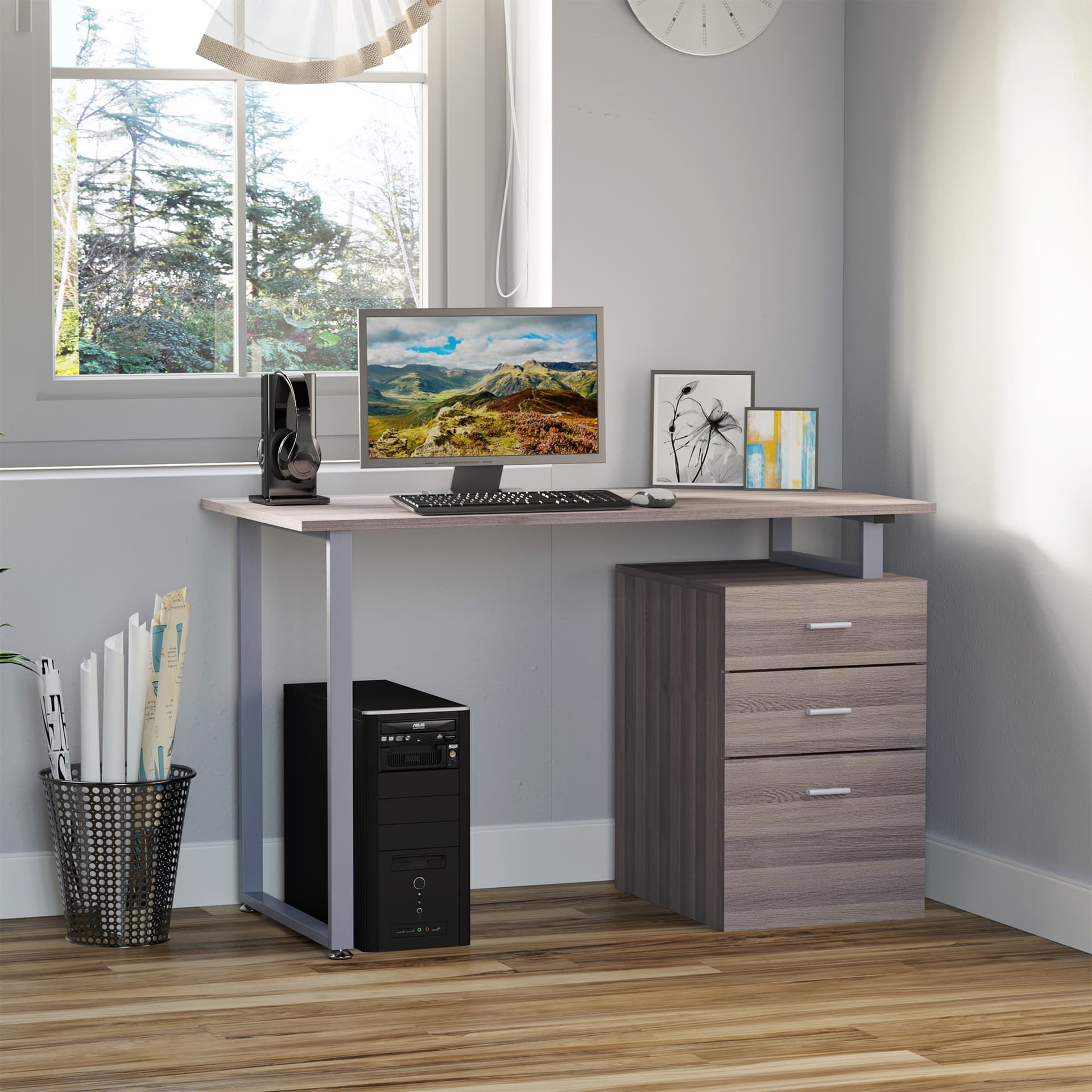 47" Computer Desk Writing Table Workstation with Multi-Use Reversible File Drawers Metal Frame Home Office Furniture, Dark Wood Grain