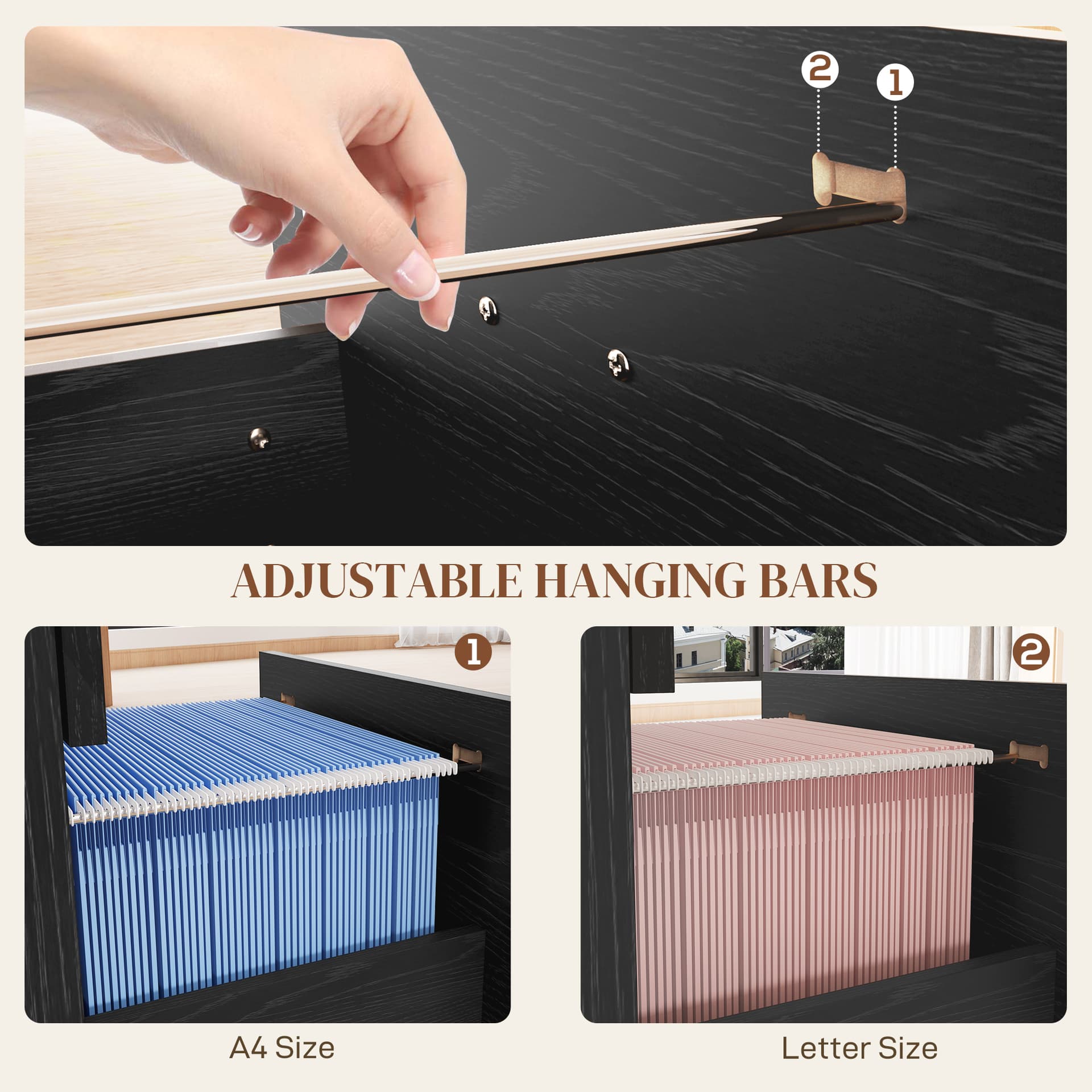 Vertical Filing Cabinet with Lock, 4 Drawer File Cabinet with Adjustable Hanging Bar for A4 and Letter Size, Black