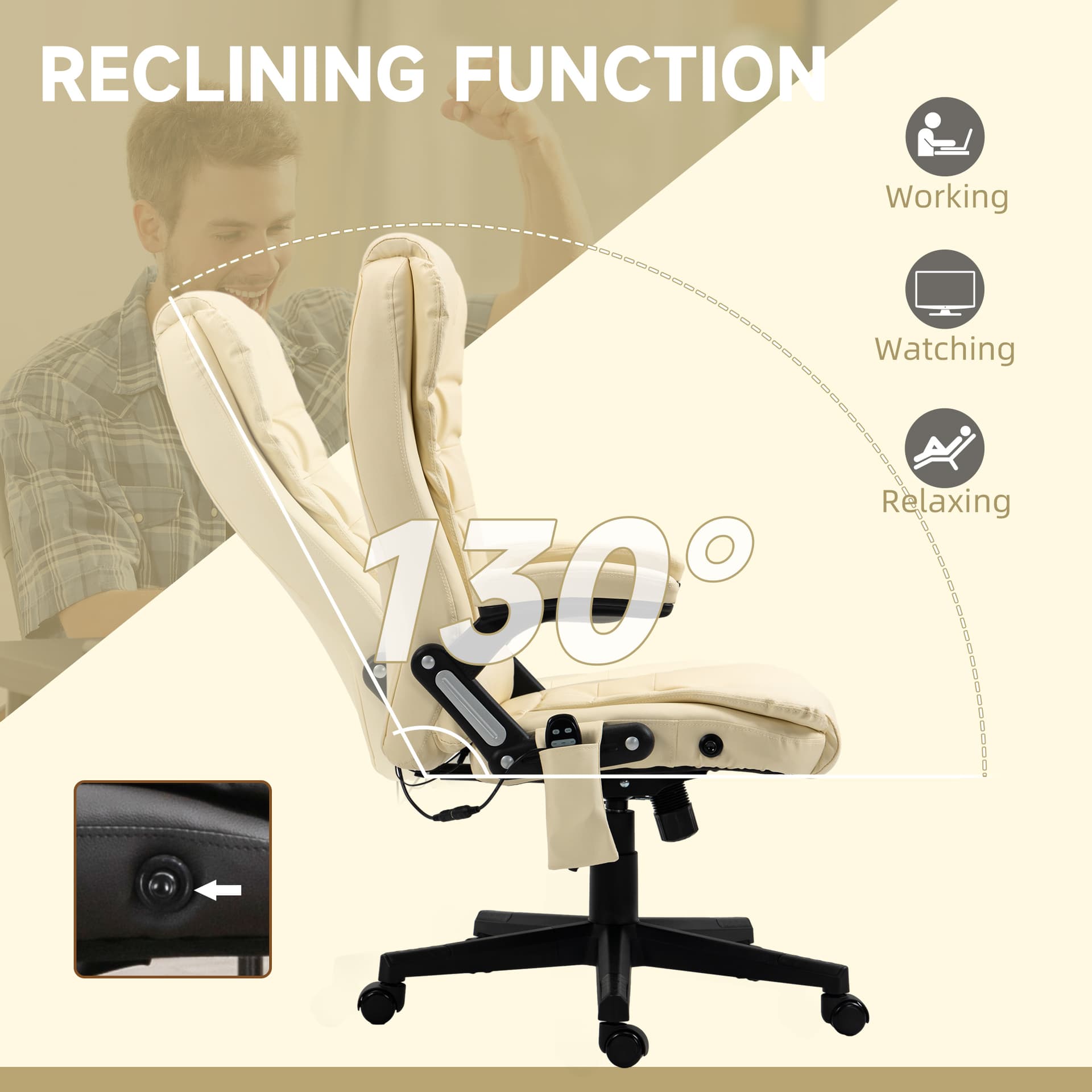 Office Chair Adjustable Heated Ergonomic Massage Swivel Vibrating High Back Leather Executive Chair Office Furniture (Beige)