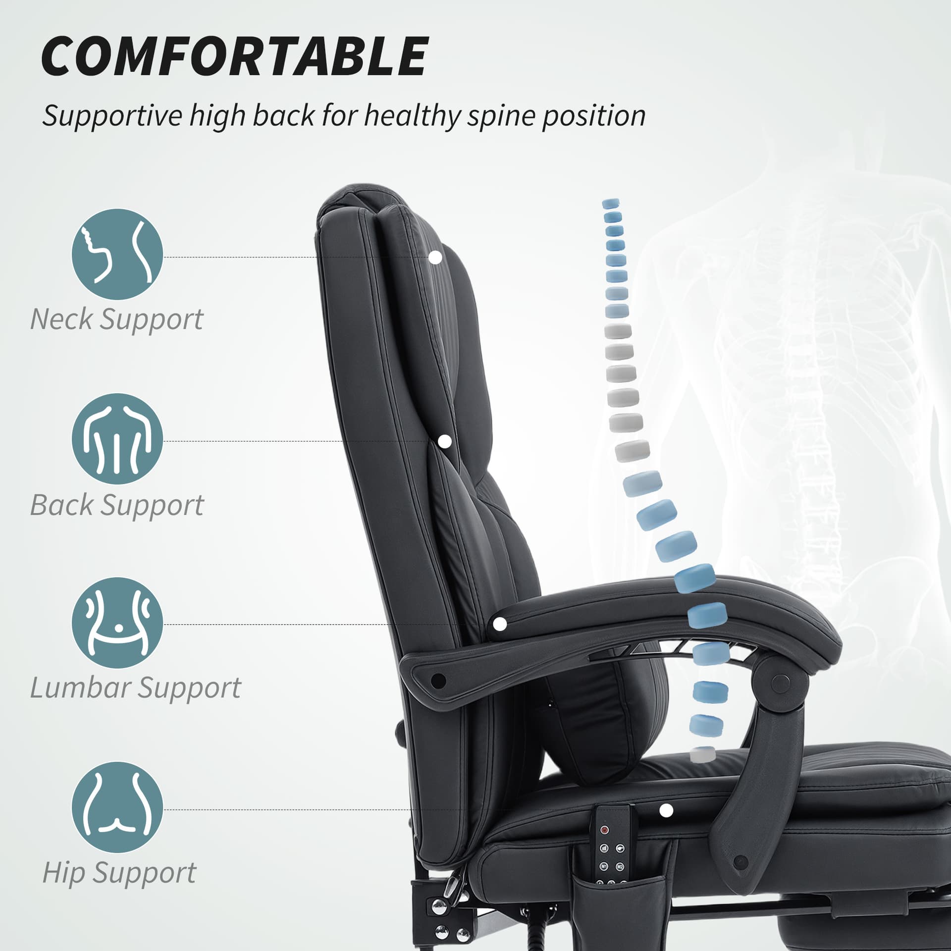 Office Chair with Massage, Pet-Friendly Faux Leather Reclining Desk Chair with Lumbar Support, Footrest, Black