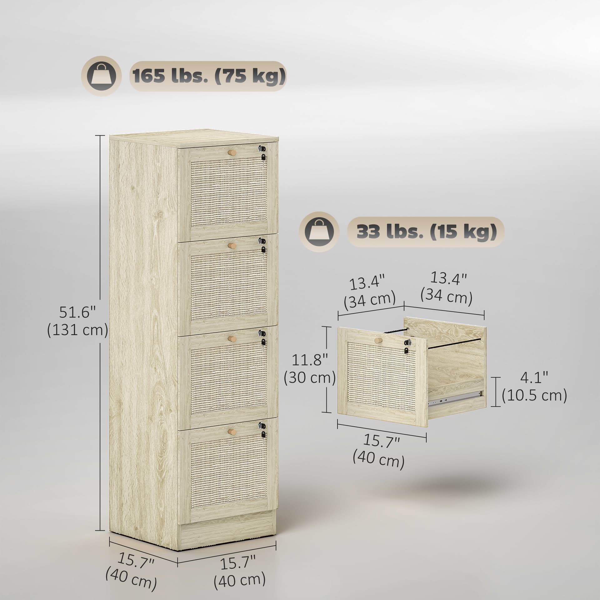 4 Drawer Filing Cabinet with Lock, Boho File Cabinet for A4 Letter Size Files with Decorative Rattan Accents, Oak
