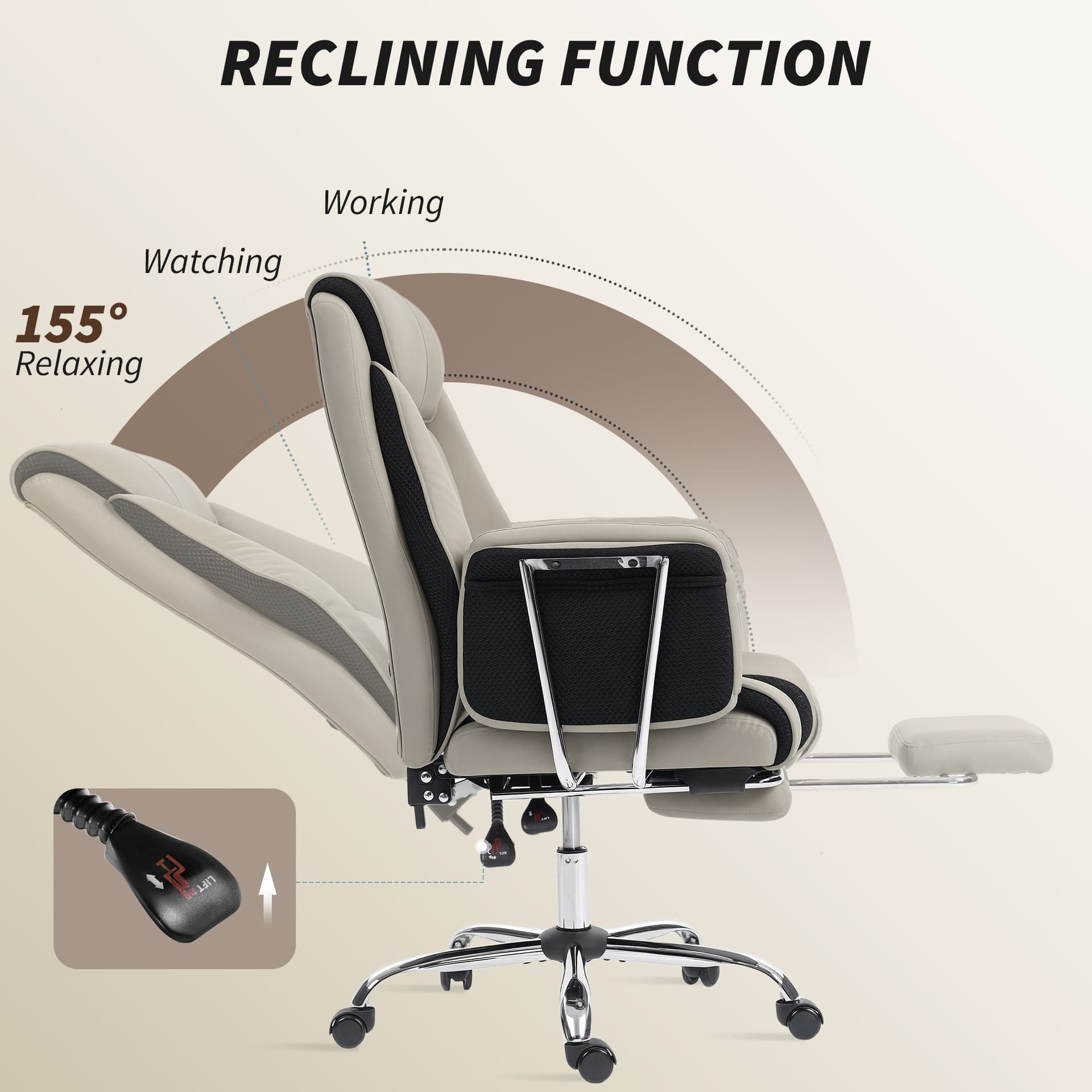 Reclining Office Chair, Overstuffed Executive Desk Chair with High Back, PU Leather, Footrest, Swivel Wheels, Grey