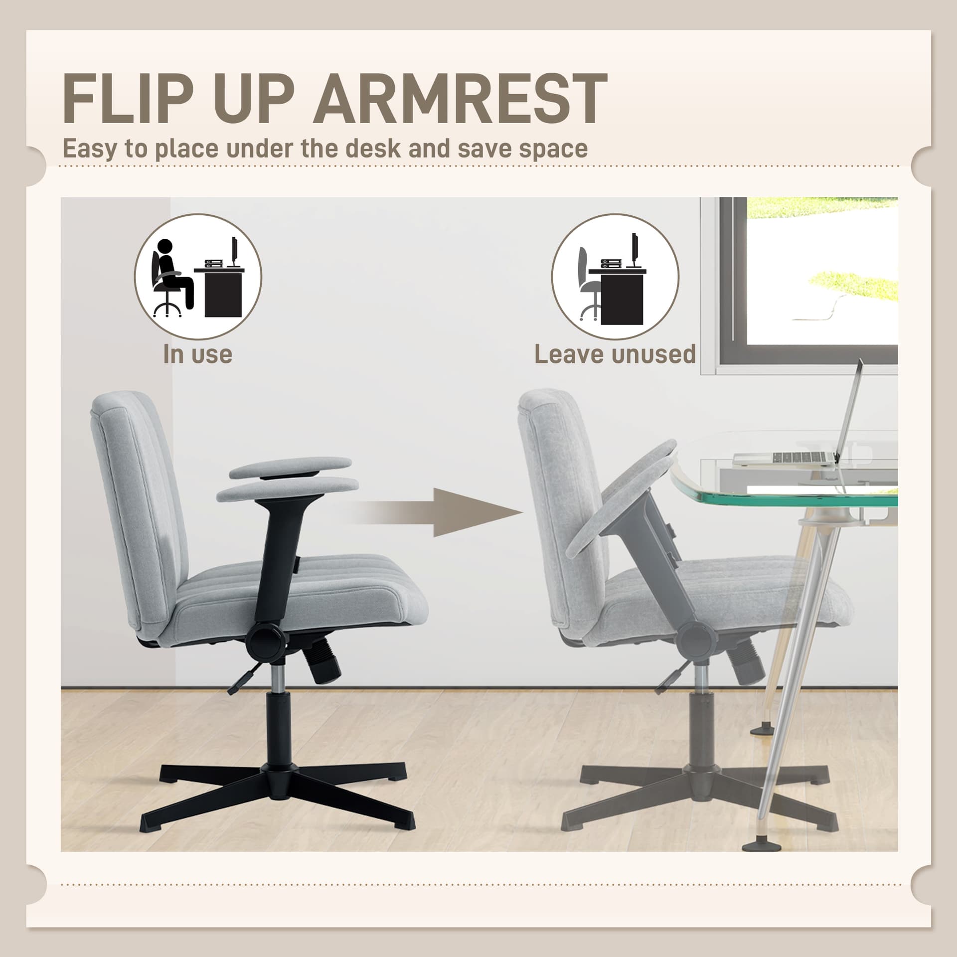 Criss Cross Chair with Flip-up Armrests, Wide Office Chair with Adjustable Height, Tilting, No Wheels, Grey