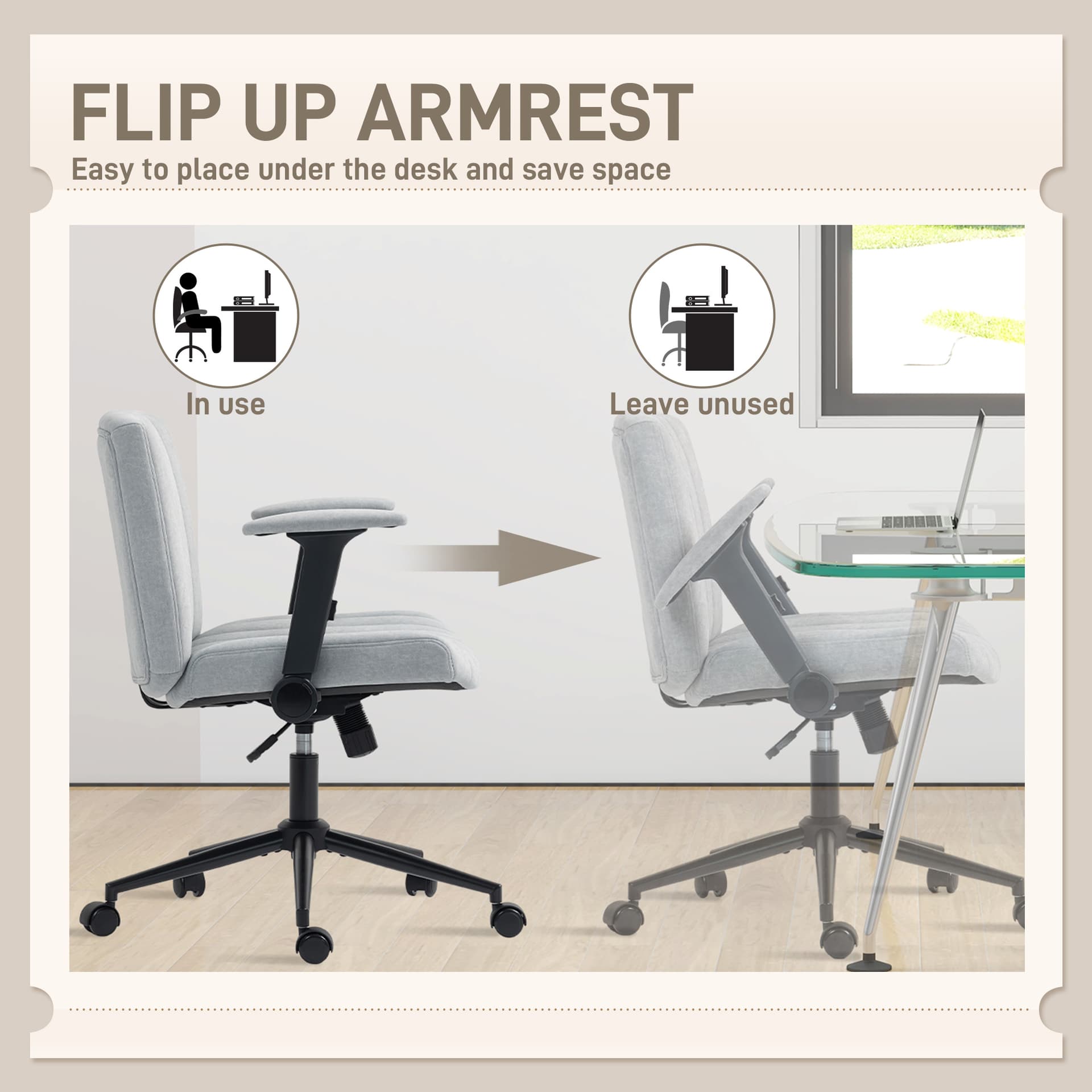 Criss Cross Chair with Flip-up Armrests, Wheels, Wide Office Chair with Adjustable Height, Tilting, Grey