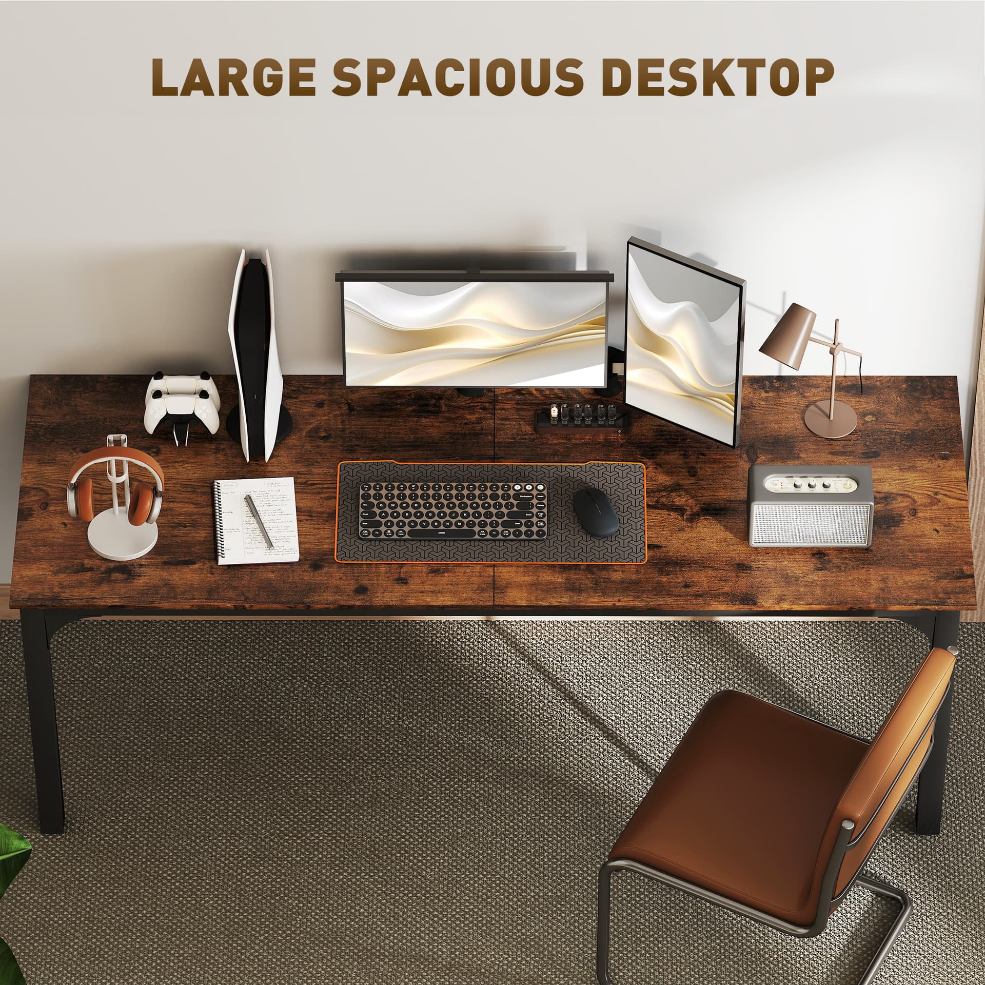 79" Computer Desk, Desktop Desk with Metal Legs, Rustic Brown