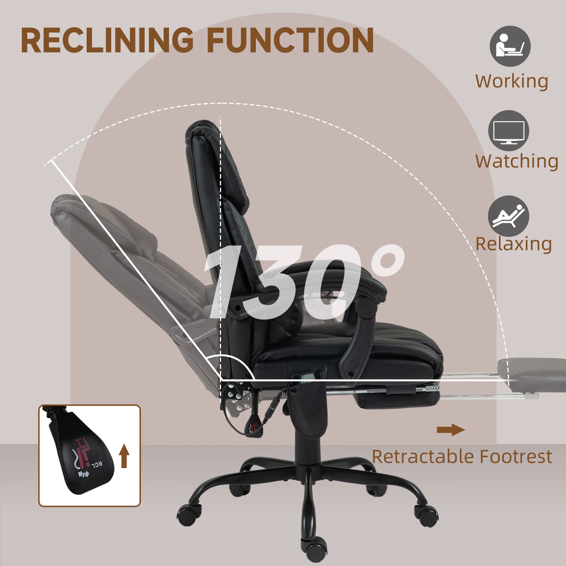 6-Point Vibration Massage Chair, Height Adjustable Reclining Computer Chair with Retractable Footrest, Black