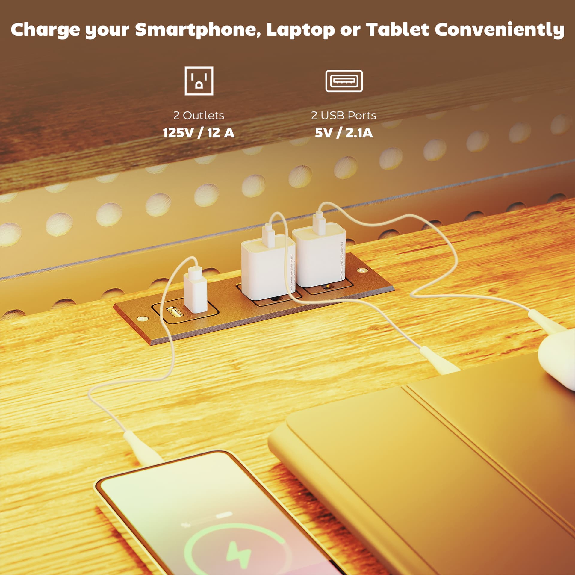 Gaming Desk with Power Outlets LED Lights Computer Desk with Drawers Monitor Stand 61" Rustic Brown