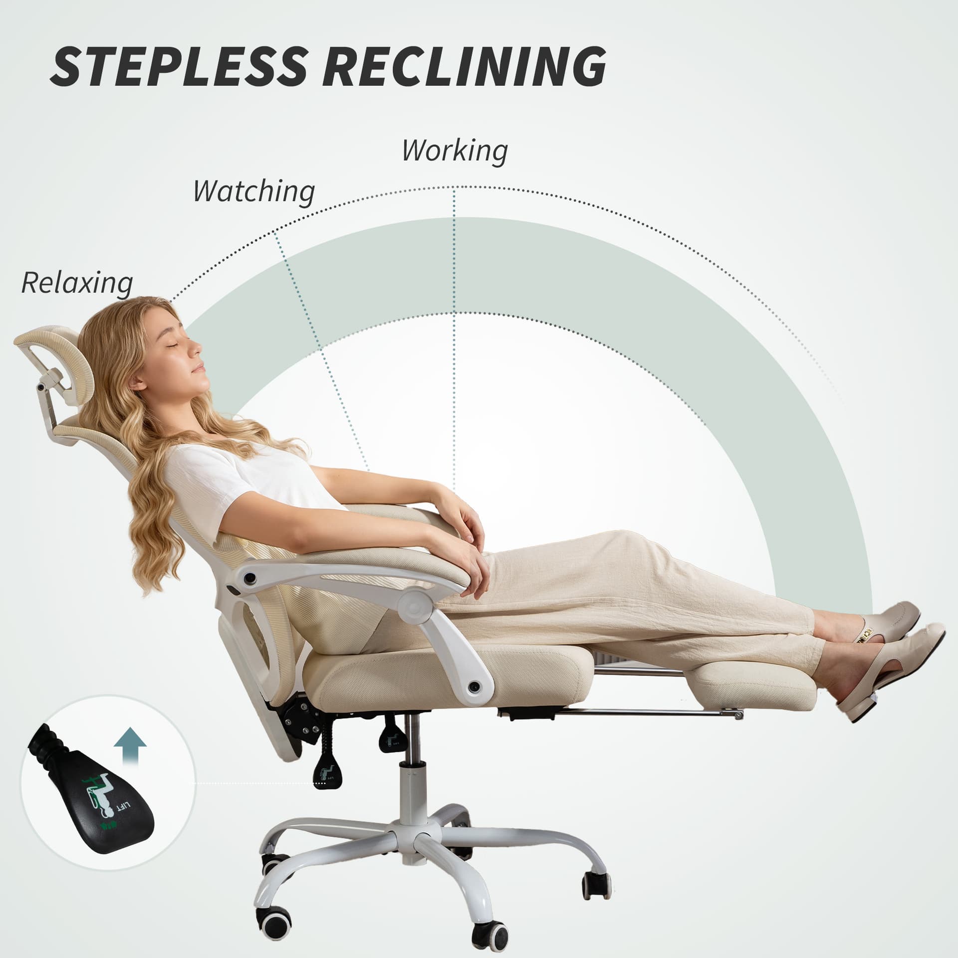 Ergonomic Office Chair, Mesh Reclining Desk Chair with Adjustable Lumbar Support, Headrest, Beige