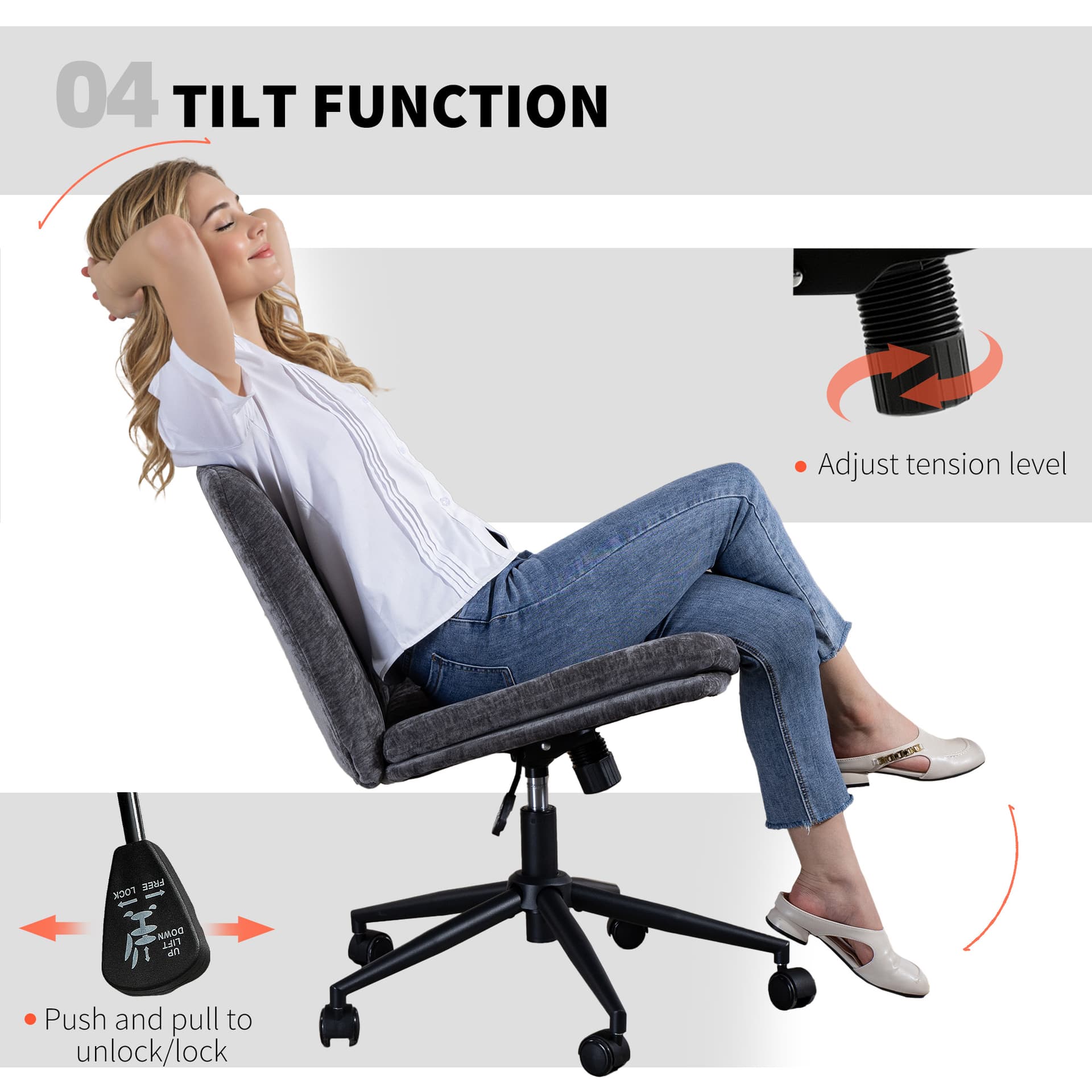 Criss Cross Chair with Wheels, Wide Office Chair with No Arms, Adjustable Height, Tilting, Grey
