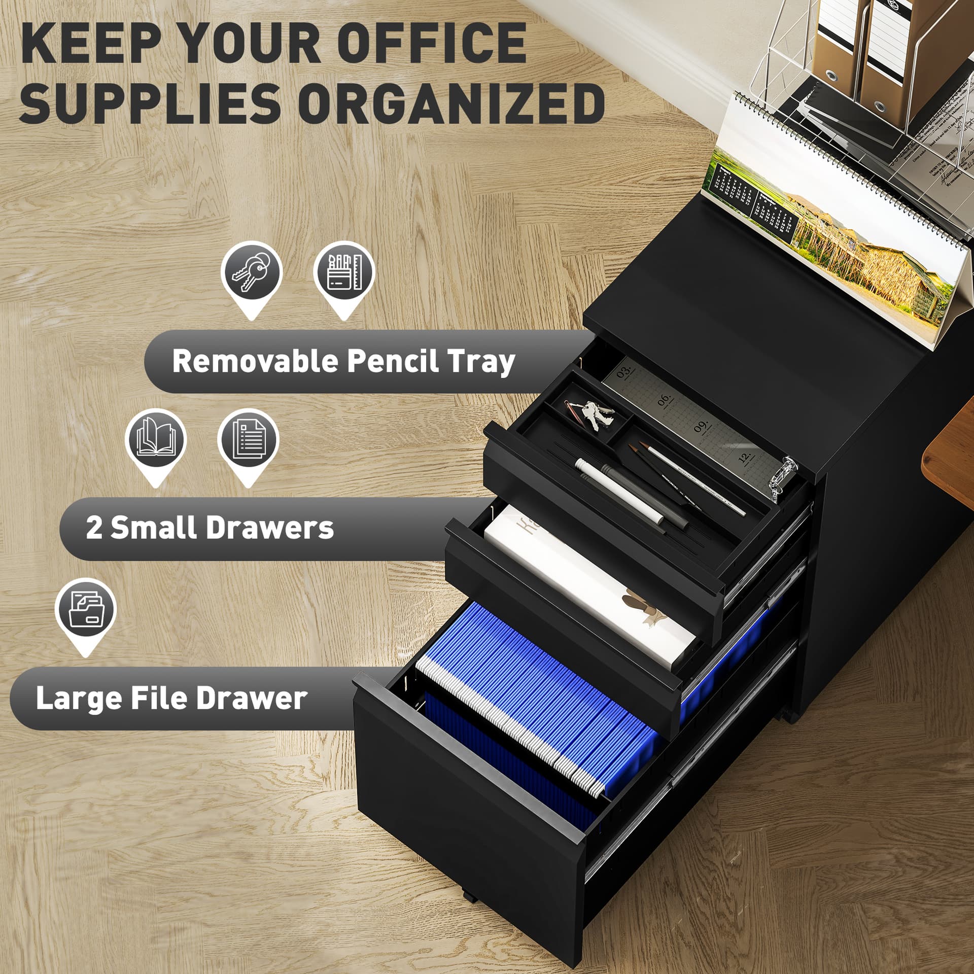 3 Drawer Filing Cabinet with Lock, Steel Office Storage Cabinet with Hanging Bar for A4, Legal, Letter Files, Black
