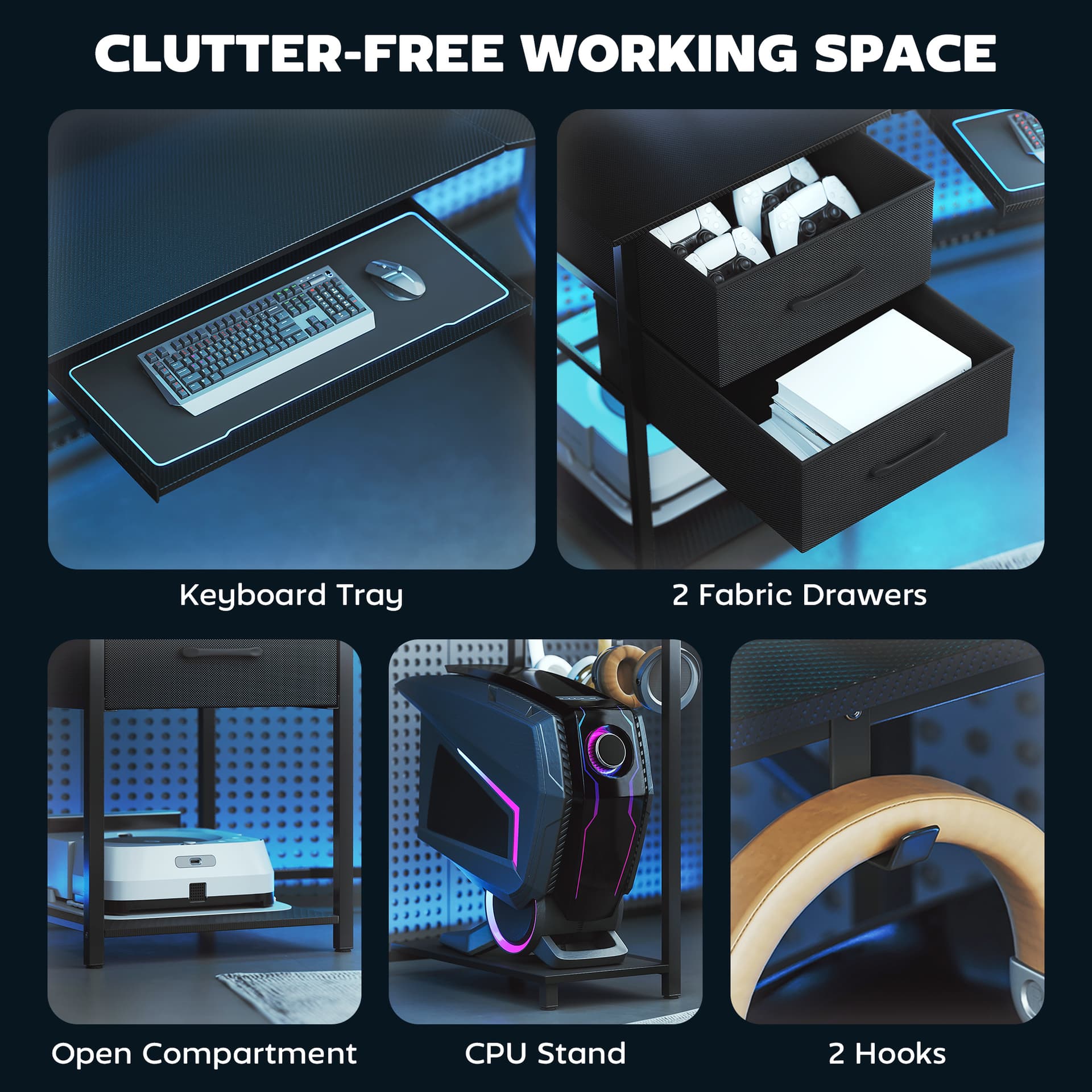 79 inch Gaming Desk with RGB Lights, Computer Table with Power Outlets & USB Ports, Keyboard Tray and 2 Drawers, Black