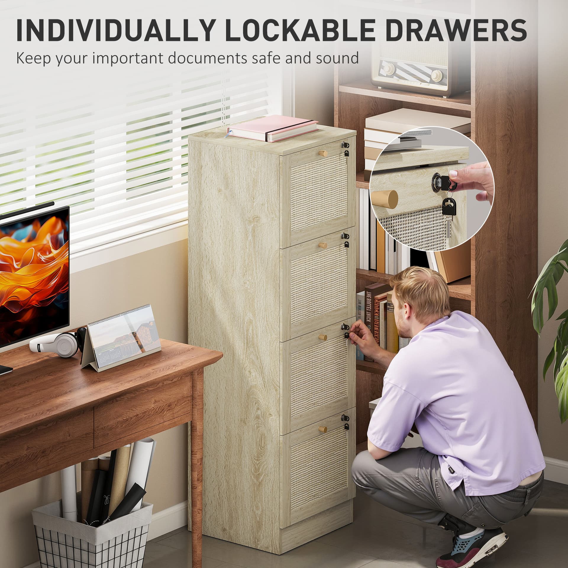 4 Drawer Filing Cabinet with Lock, Boho File Cabinet for A4 Letter Size Files with Decorative Rattan Accents, Oak