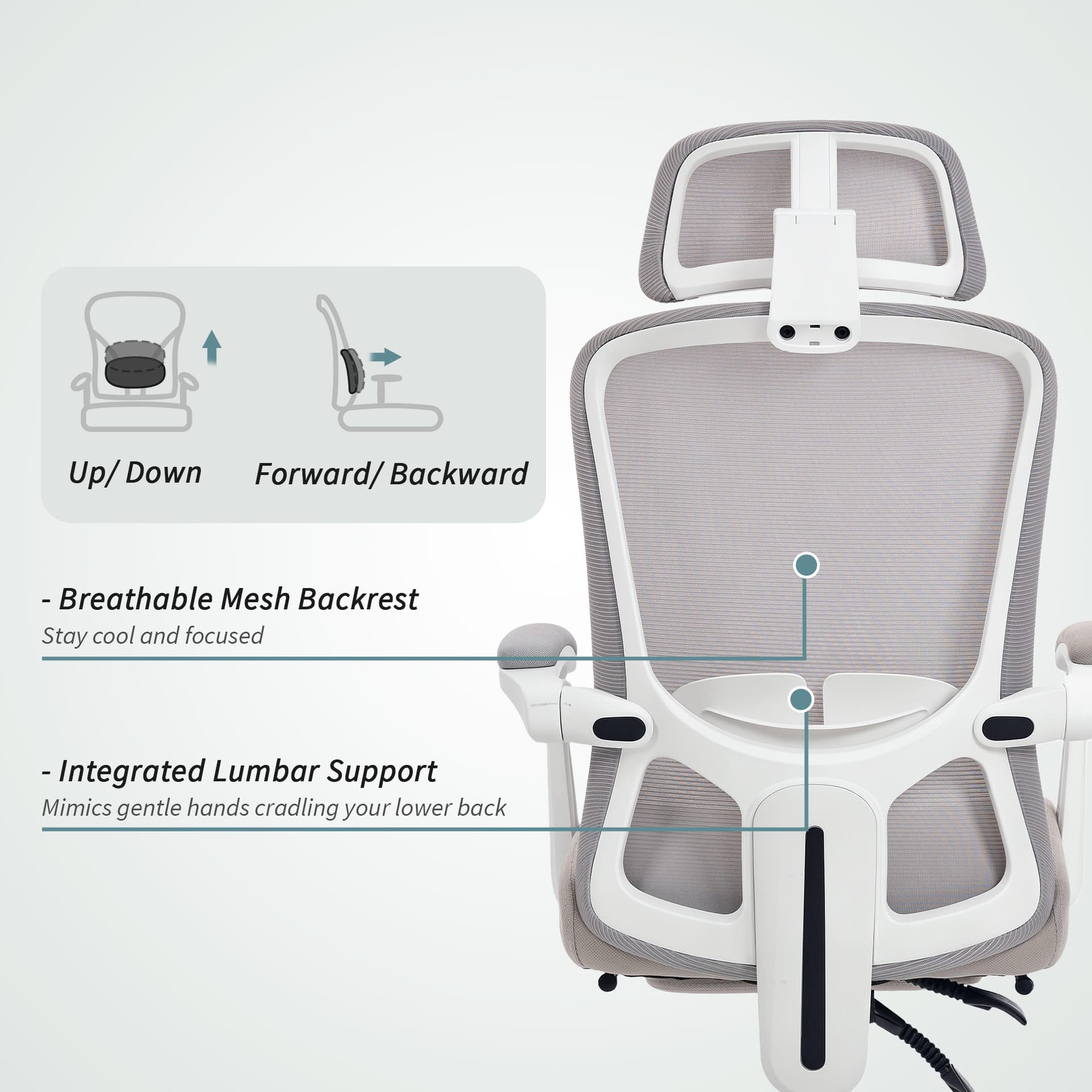 Ergonomic Office Chair, Mesh Reclining Desk Chair with Adjustable Lumbar Support, Headrest, Grey