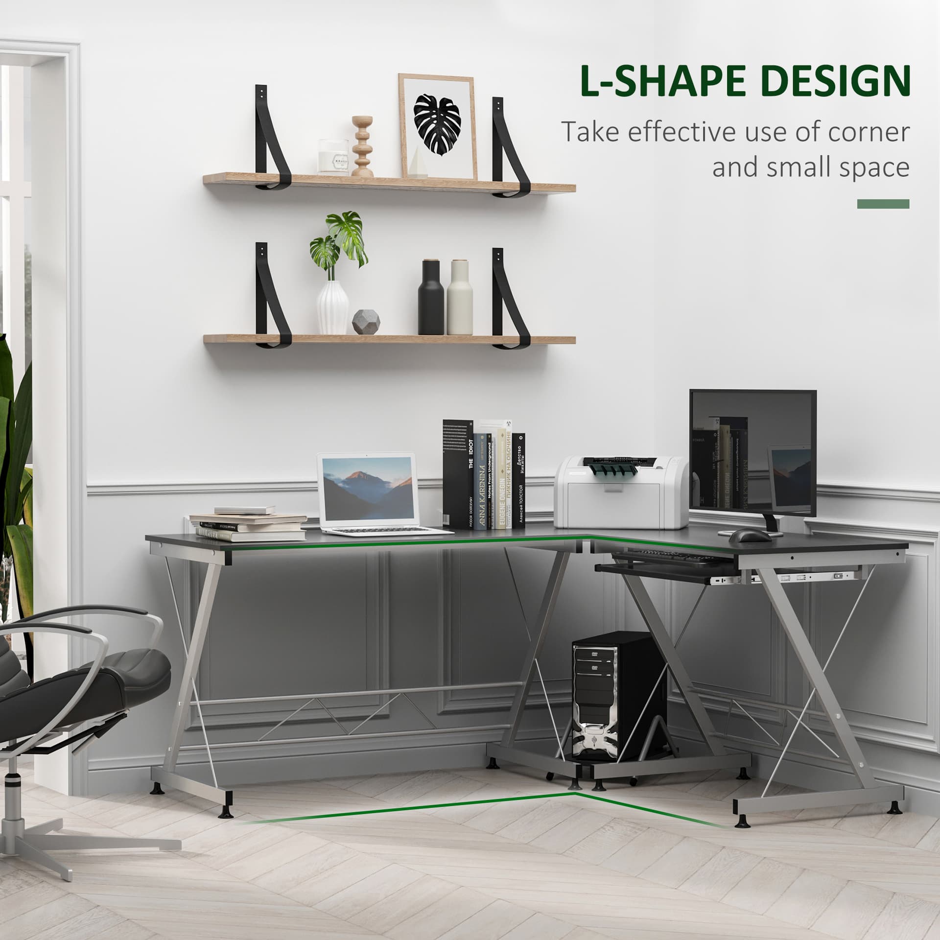 L-Shaped Computer Desk, Corner Table with Keyboard Tray for PC Laptop Desktop, Workstation Stand Home Office Furniture