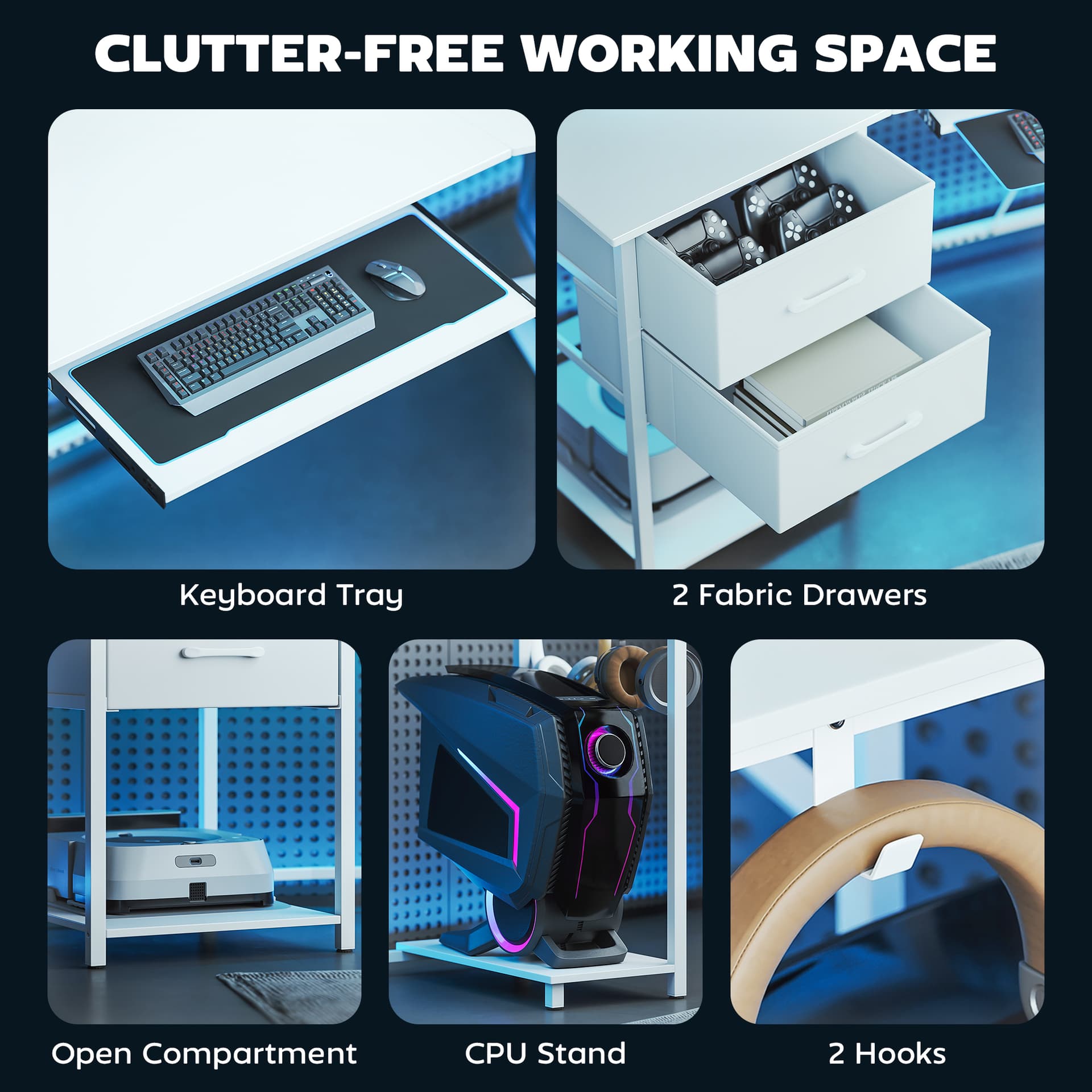 79 inch Gaming Desk with RGB Lights, Computer Table with Power Outlets & USB Ports, Keyboard Tray and 2 Drawers, White