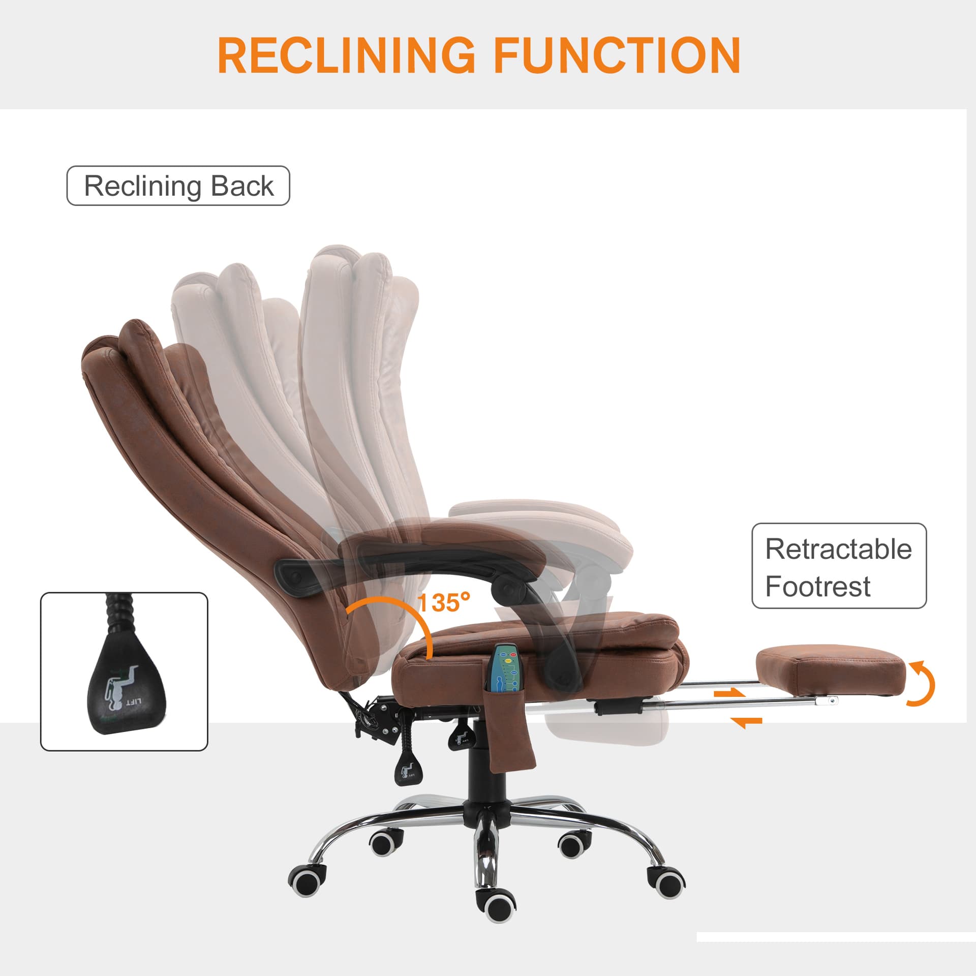 Office Chair 6-point Vibration Massage Chair Micro Fiber Recliner with Retractable Footrest Brown