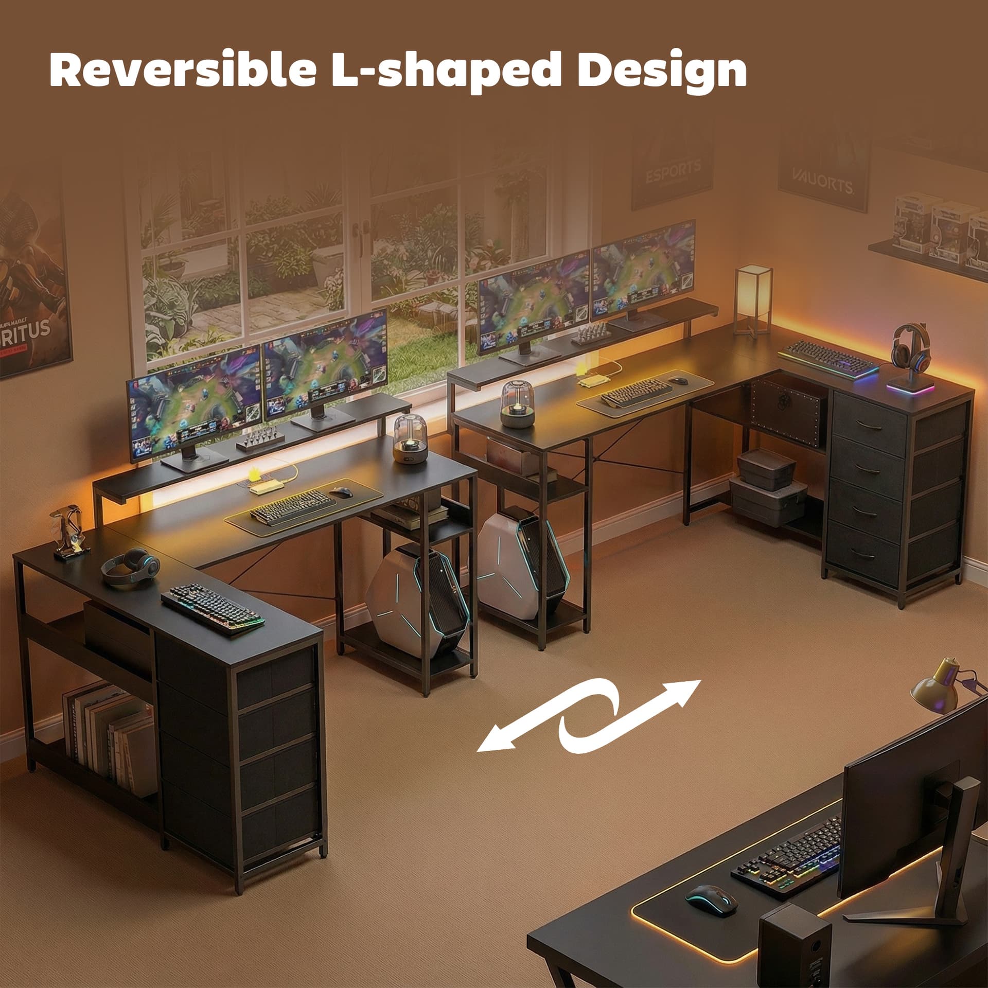 Gaming Desk with Power Outlets LED Lights Computer Desk with Drawers Monitor Stand 61" Black