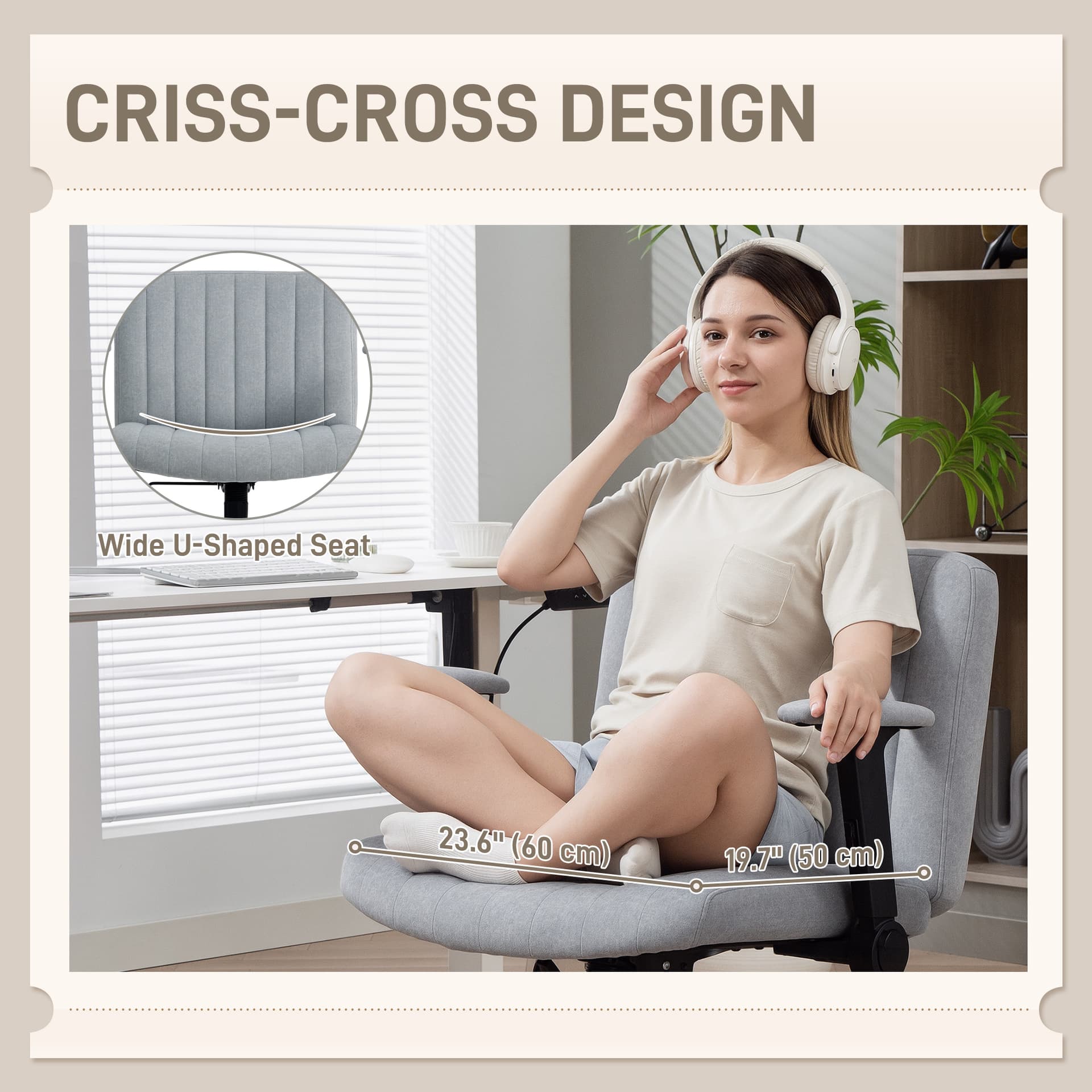 Criss Cross Chair with Flip-up Armrests, Wide Office Chair with Adjustable Height, Tilting, No Wheels, Grey