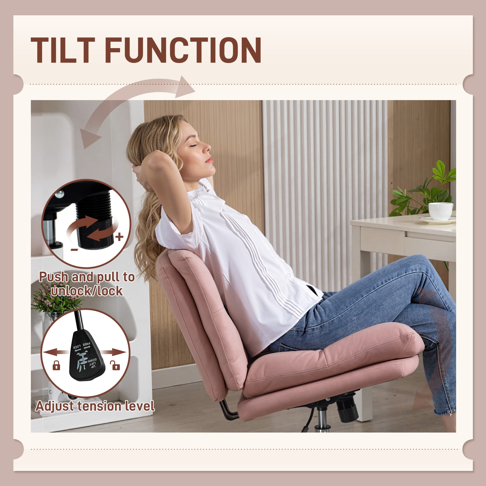 Armless Office Chair, Criss Cross Chair with Adjustable Height & Tilt Function for Home Office, Study, Pink