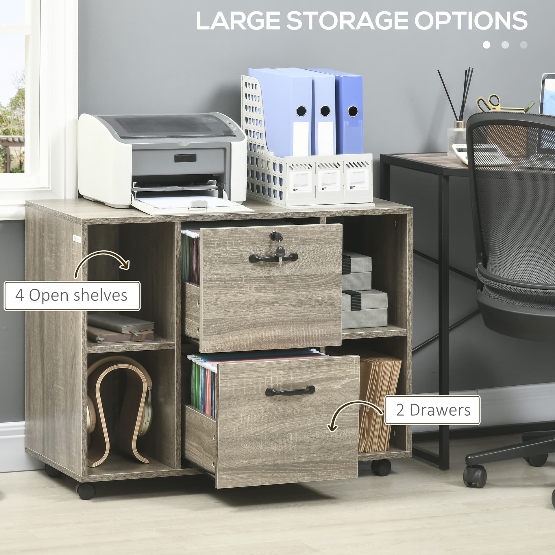 Lateral Filing Cabinet with Wheels and Lockable Drawer, File Cabinet, Mobile Printer Stand with Open Shelves for Letter and A4 Size Documents for Home Office, Grey