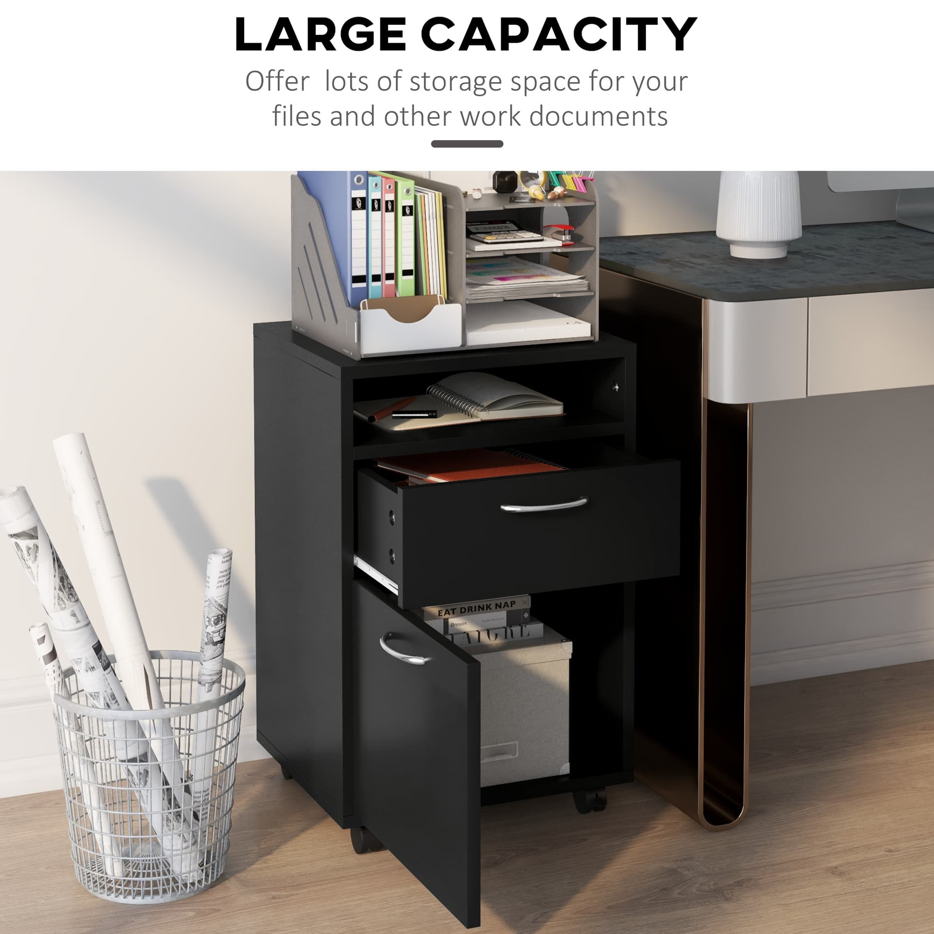 24" Small Filing Cabinet with Open Compartment, Drawer and Wheels, Home Office Storage Cabinet, Black
