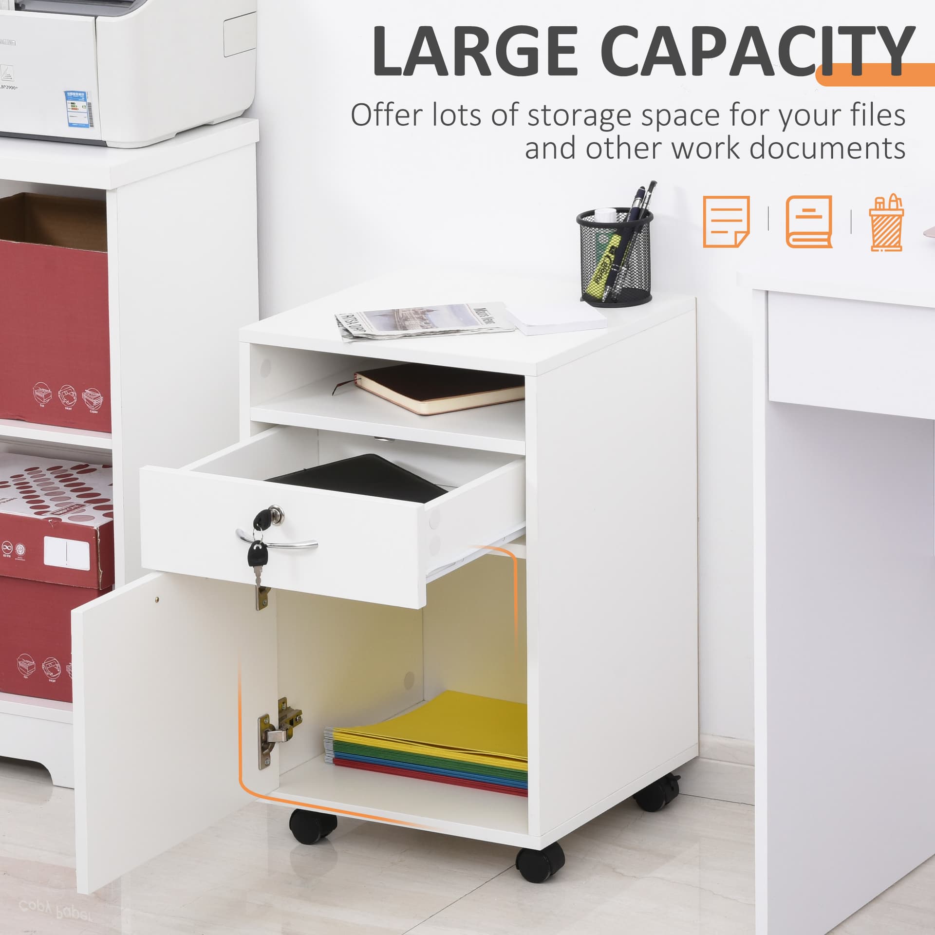 24" Vertical Filing Cabinet with Lockable Drawer, Mobile File Cabinet with 2 Keys, Wheels for Home Office, White