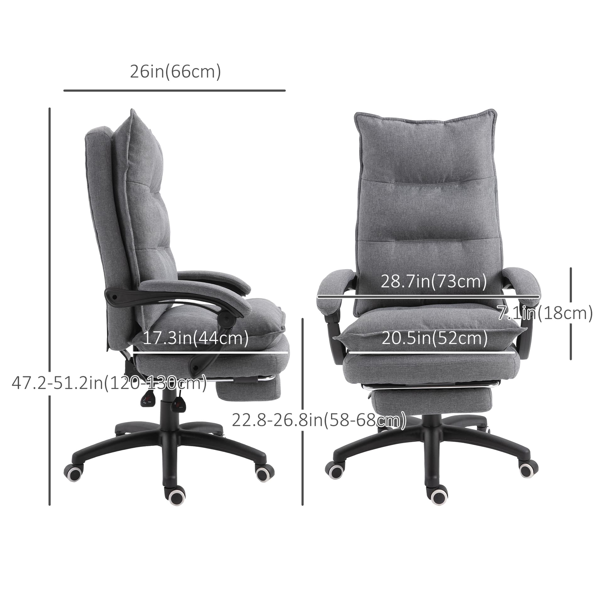 Office Chair 360° Swivel Adjustable Height Linen Style Fabric Recliner with Retractable Footrest and Double Padding, Grey