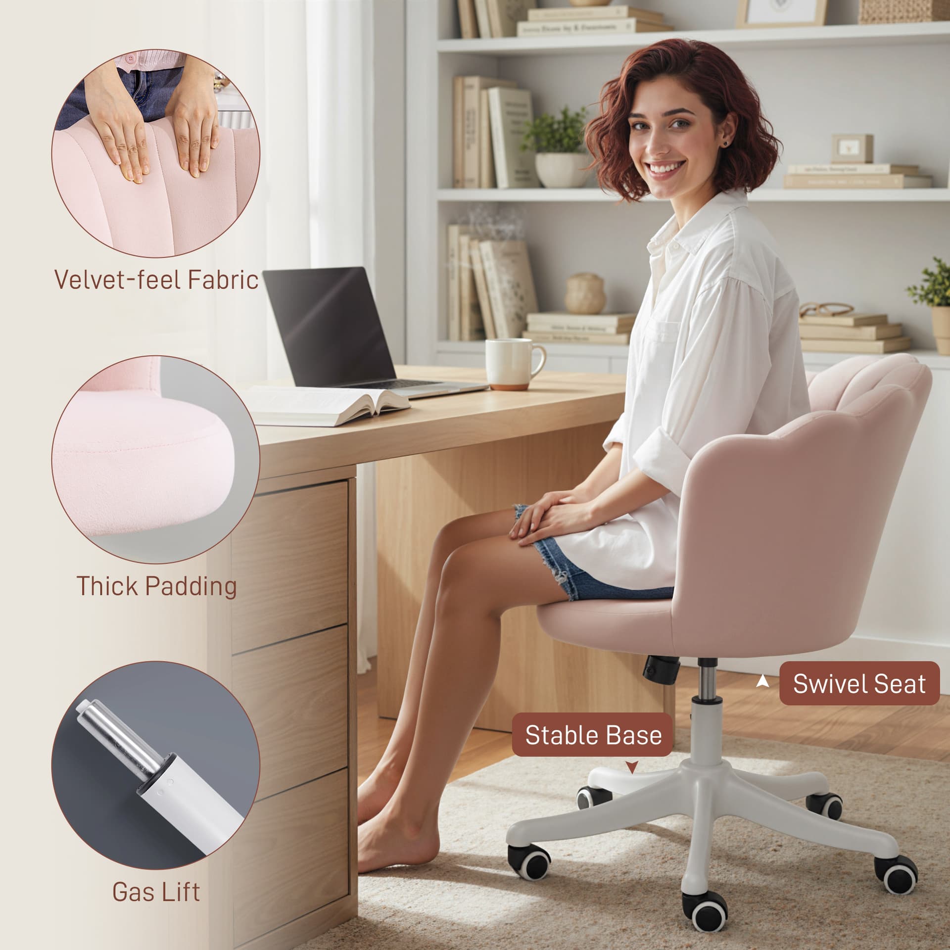 Office Chair, Armless Swivel Desk Chair with Adjustable Height, Backrest, Tilt Function for Office, Vanity, Pink