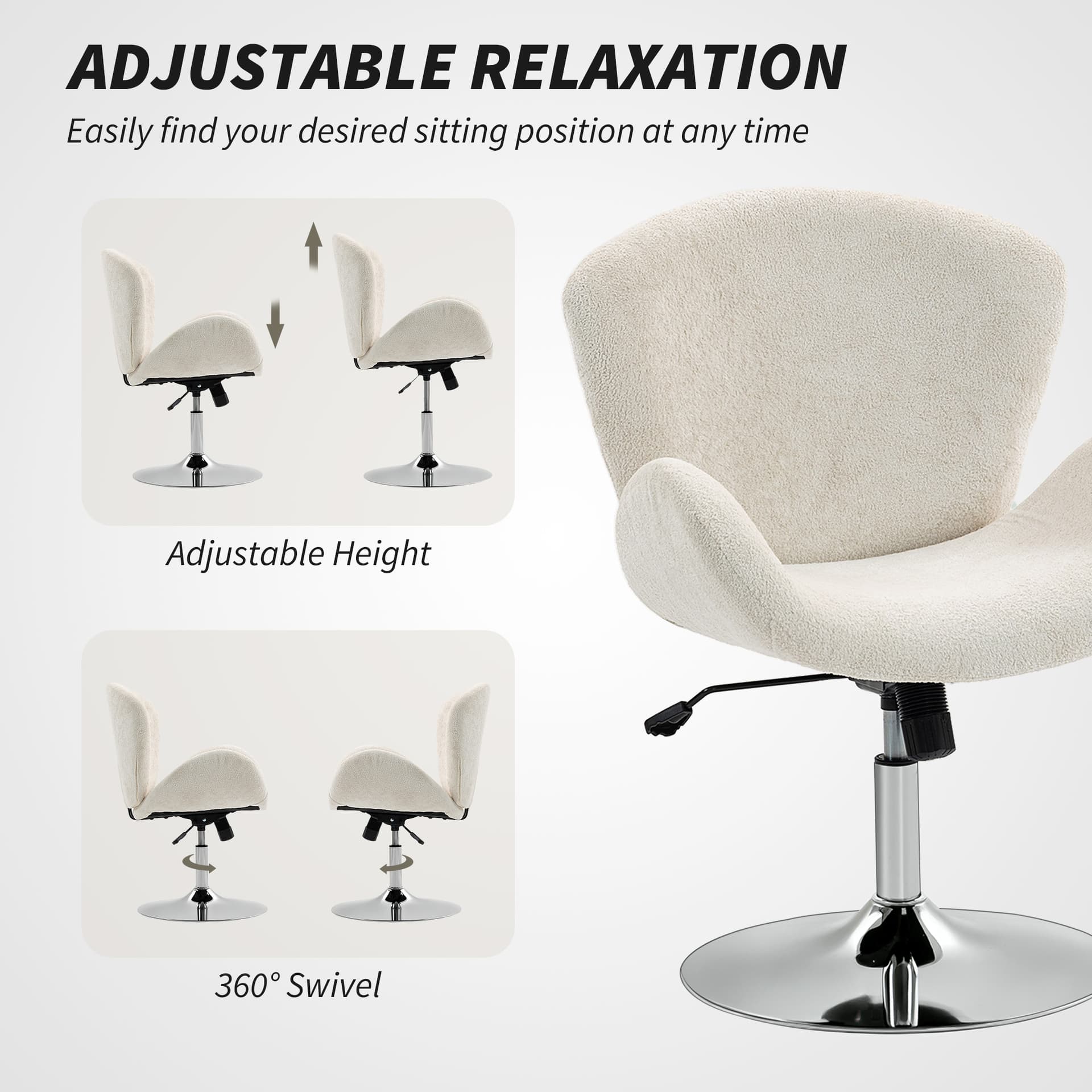Swivel Office Chair, Velvet Desk Chair with Wide Bucket Seat, Butterfly Back, Tilt Function and Round Base, Cream White