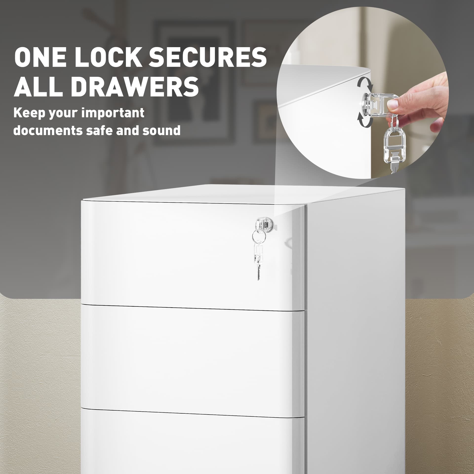 3 Drawer Filing Cabinet, Lockable Steel Office Storage Cabinet with Hanging Bar for Letter, A4, Legal Files, White