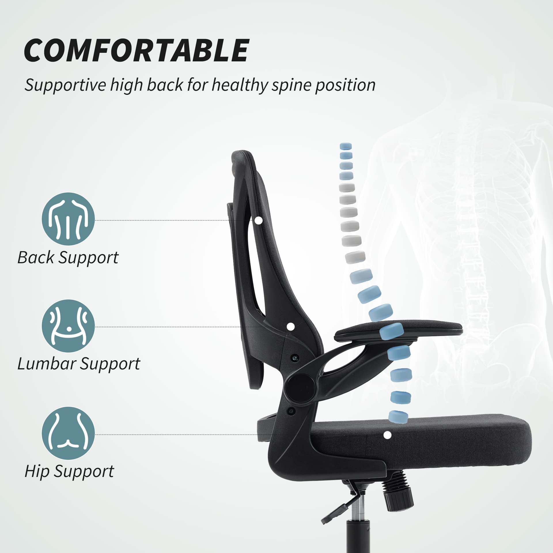 Ergonomic Office Chair, Swivel Desk Chair with Adjustable Lumbar Support and Height, Flip-up Armrests, Wheels, Black