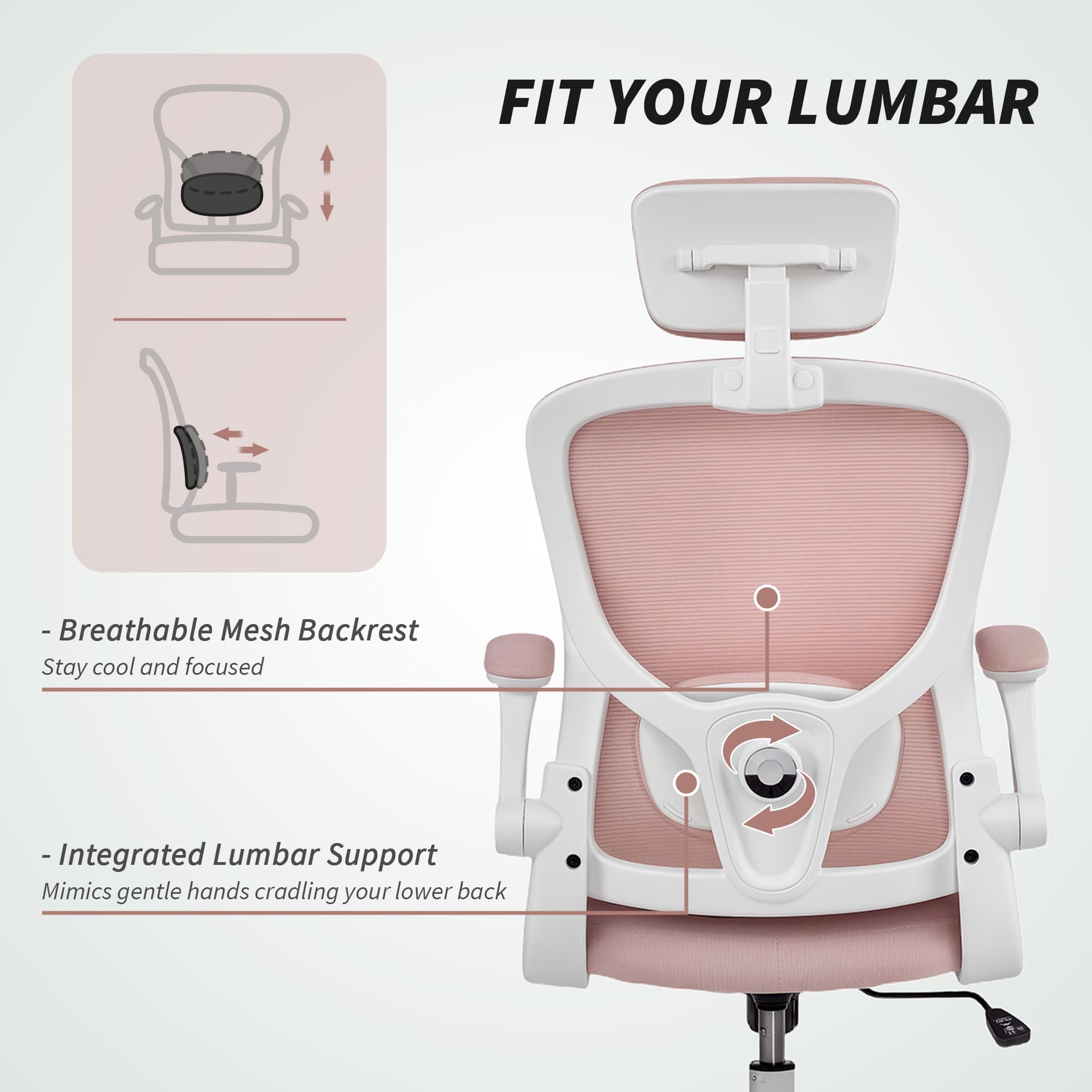 Ergonomic Office Chair, Mesh Desk Chair with Adjustable Headrest, Lumbar Support and Height, Flip-Up Armrests, Pink