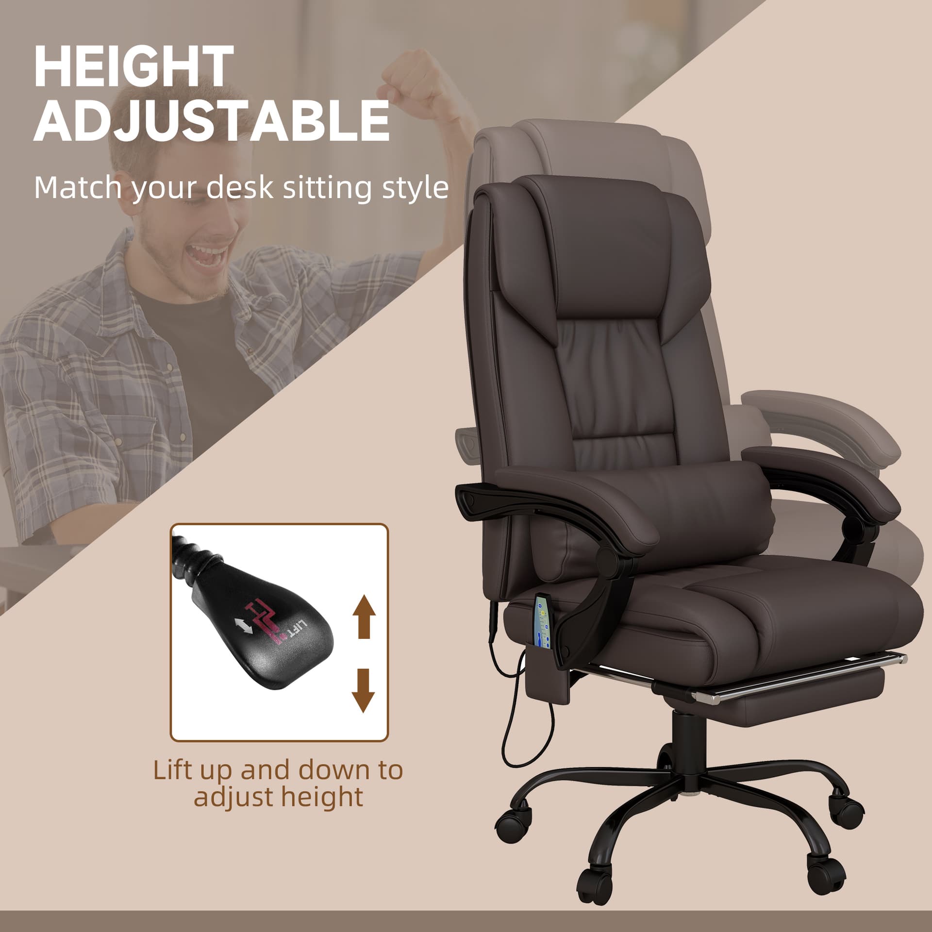 6-Point Vibration Massage Chair, Height Adjustable Reclining Computer Chair with Retractable Footrest, Brown
