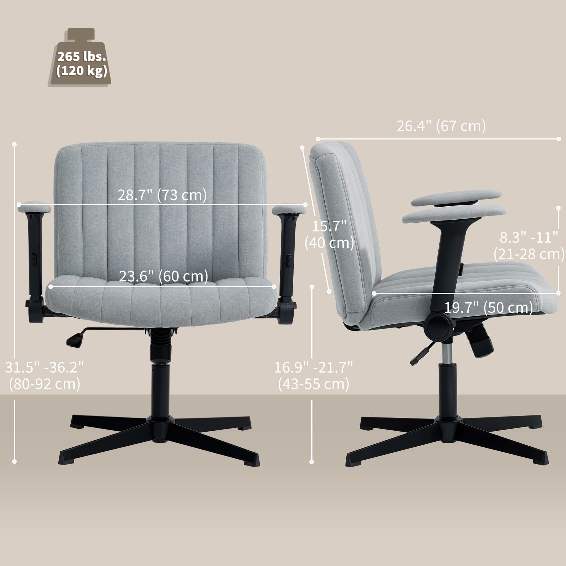 Criss Cross Chair with Flip-up Armrests, Wide Office Chair with Adjustable Height, Tilting, No Wheels, Grey