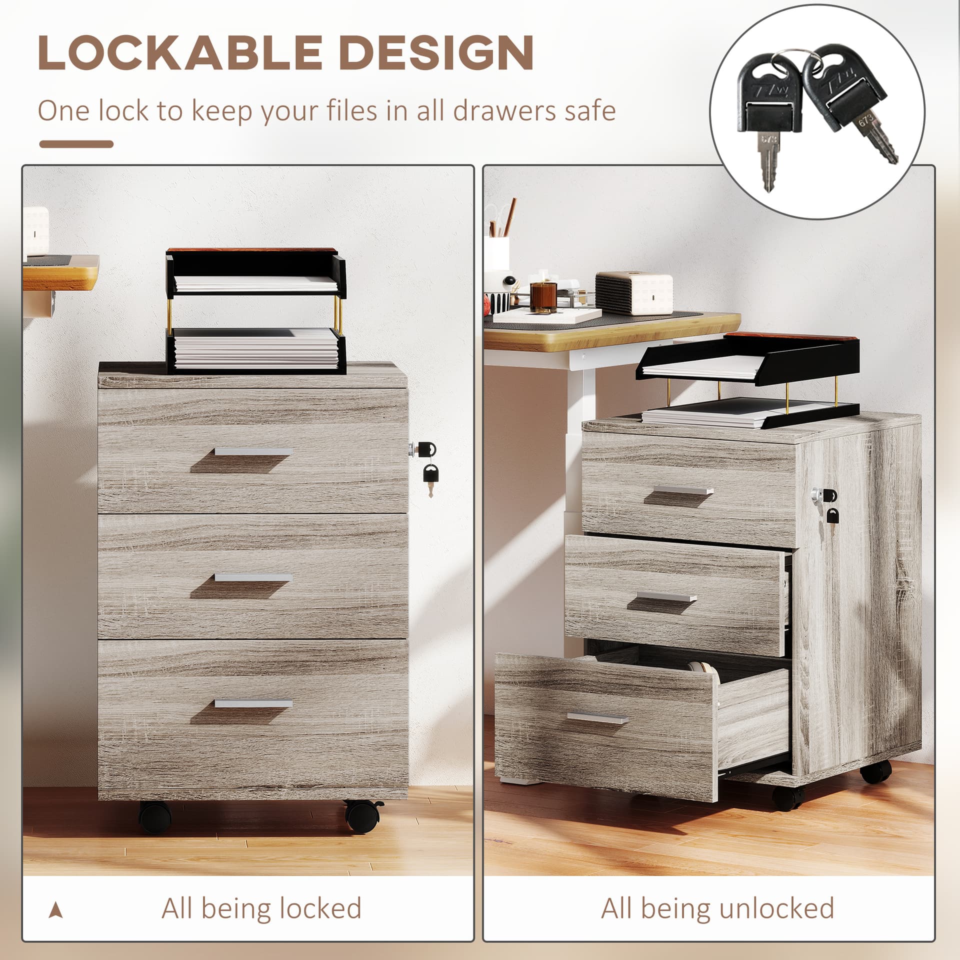 Mobile Filing Cabinet with Wheels, 3 Drawer File Cabinet with Lock and Keys for Home Office, Grey Wood Grain