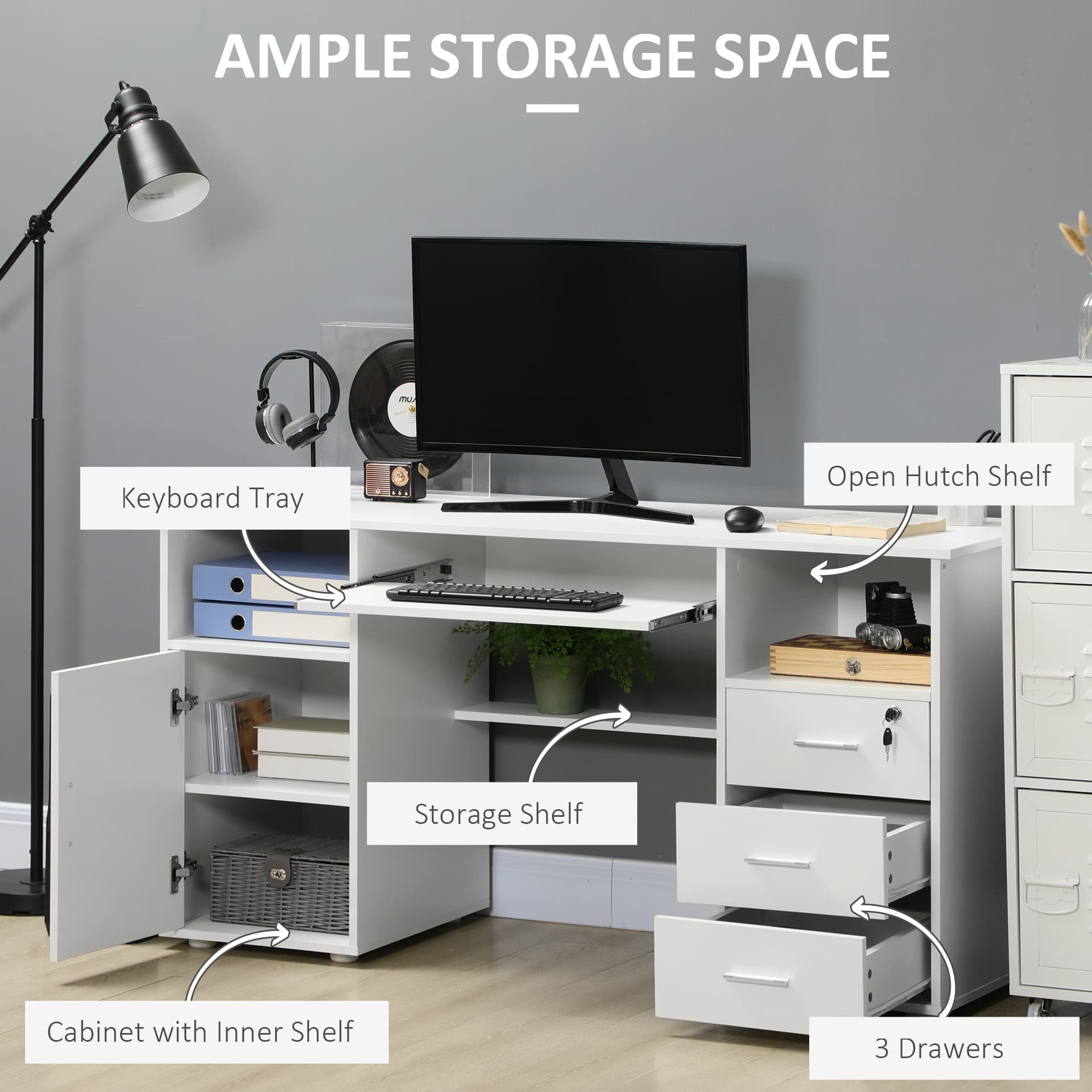 Computer Desk with Keyboard Tray and Drawers, Writing Desk, Home Office Workstation, White