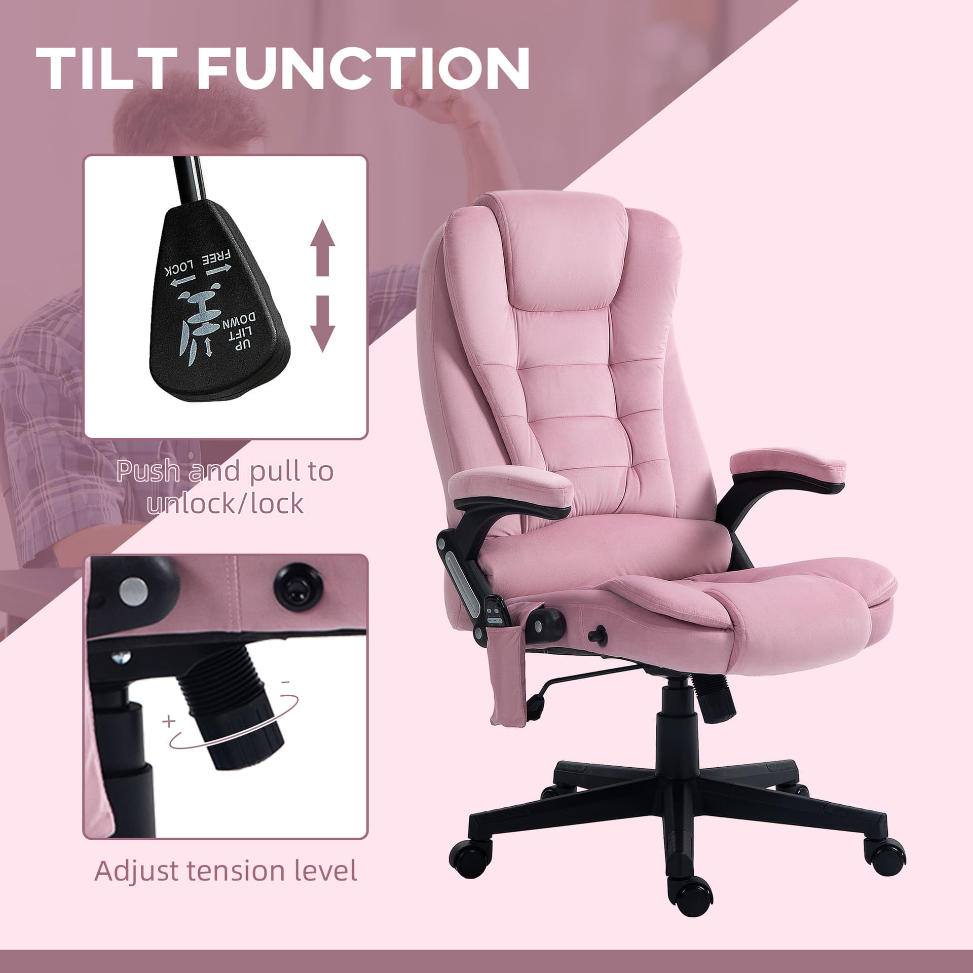 Reclining Massage Office Chair, Executive Office Chair with High Back, Swivel Wheels, Pink