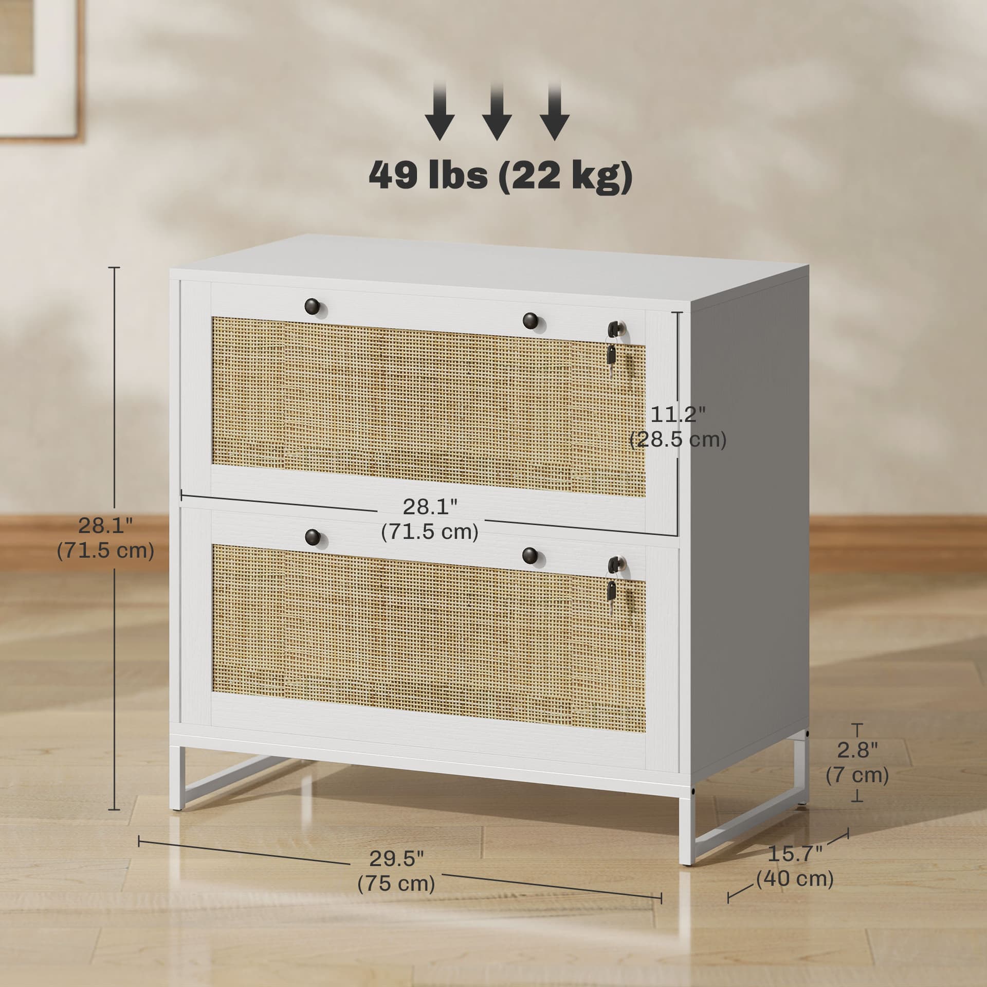 2-Drawer Filing Cabinet with Lock, Rattan File Cabinet with Adjustable Hanging Bar, White