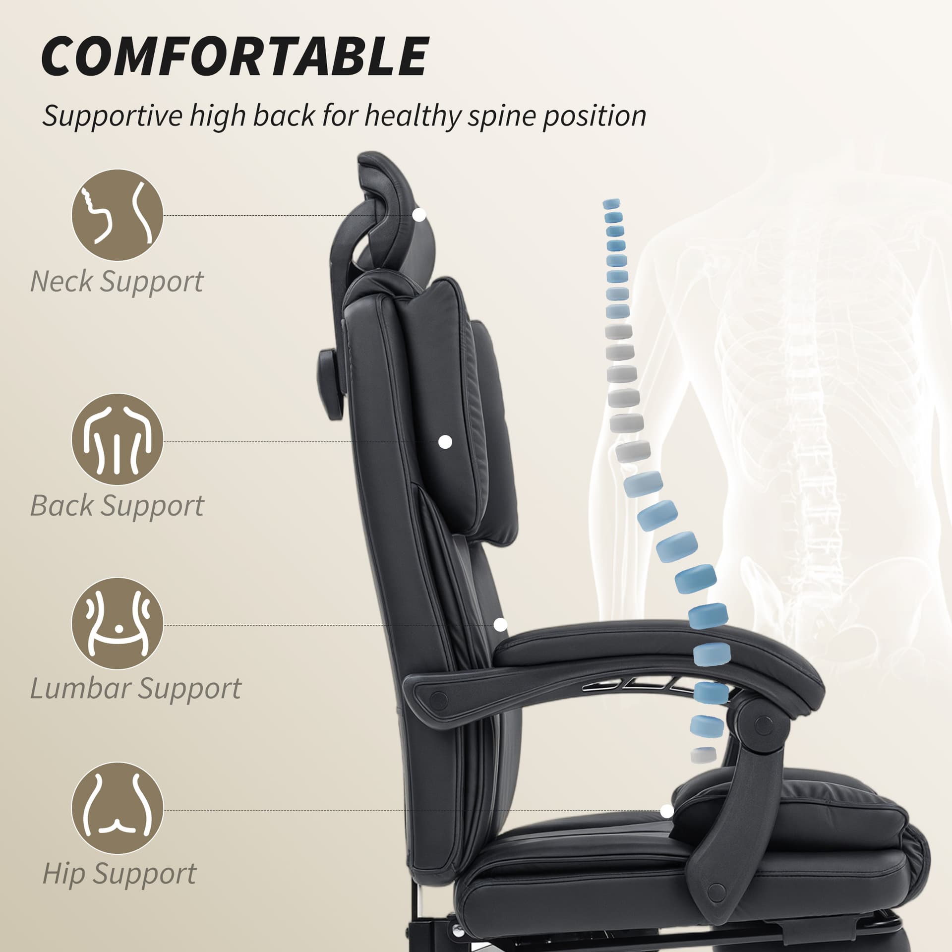 Reclining Office Chair, Executive Desk Chair with Pet-Friendly Fabric, Headrest, Footrest, Swivel Wheels, Black