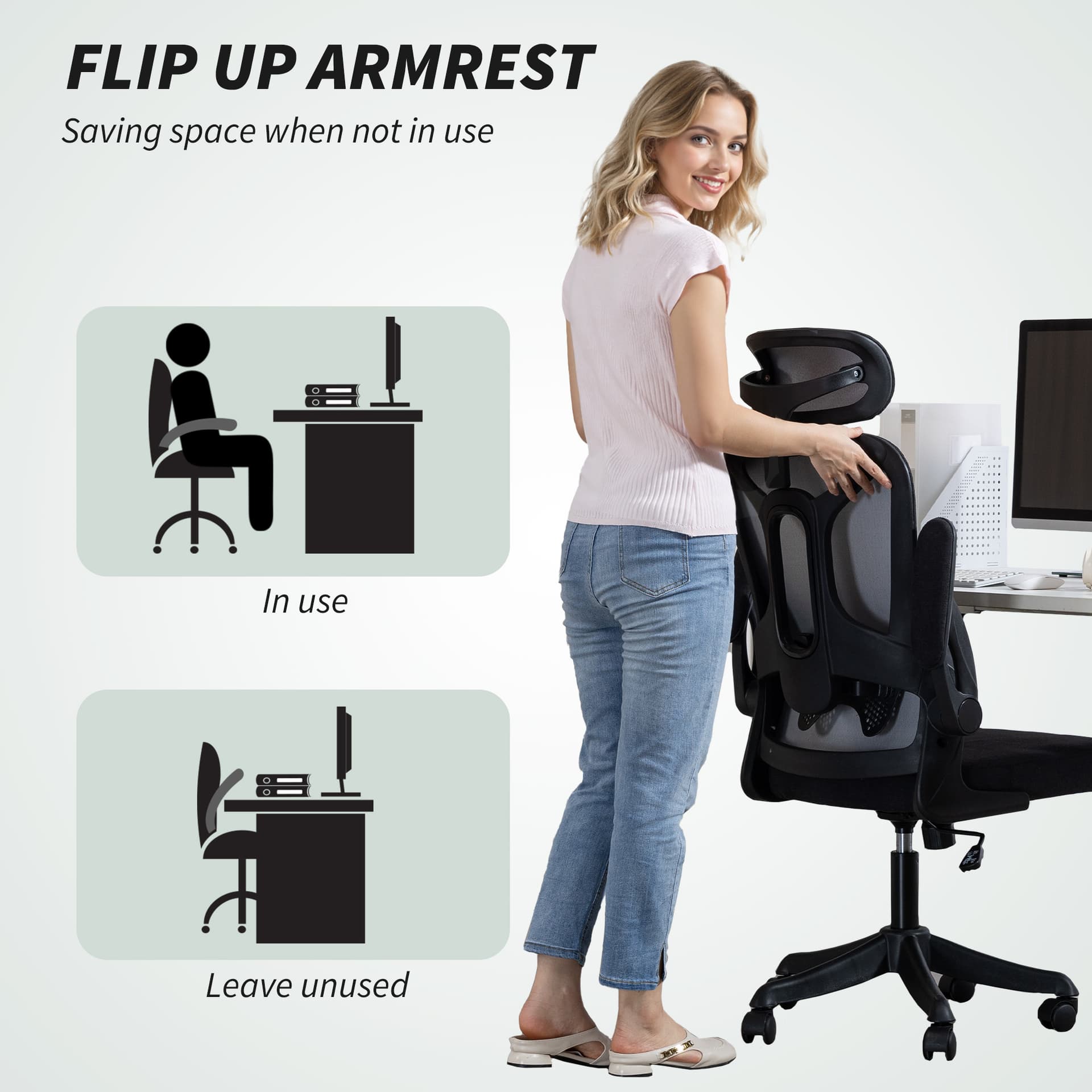 Ergonomic Office Chair, Swivel Desk Chair with Lumbar Support and Adjustable Height, Flip-up Armrests, Wheels, Grey
