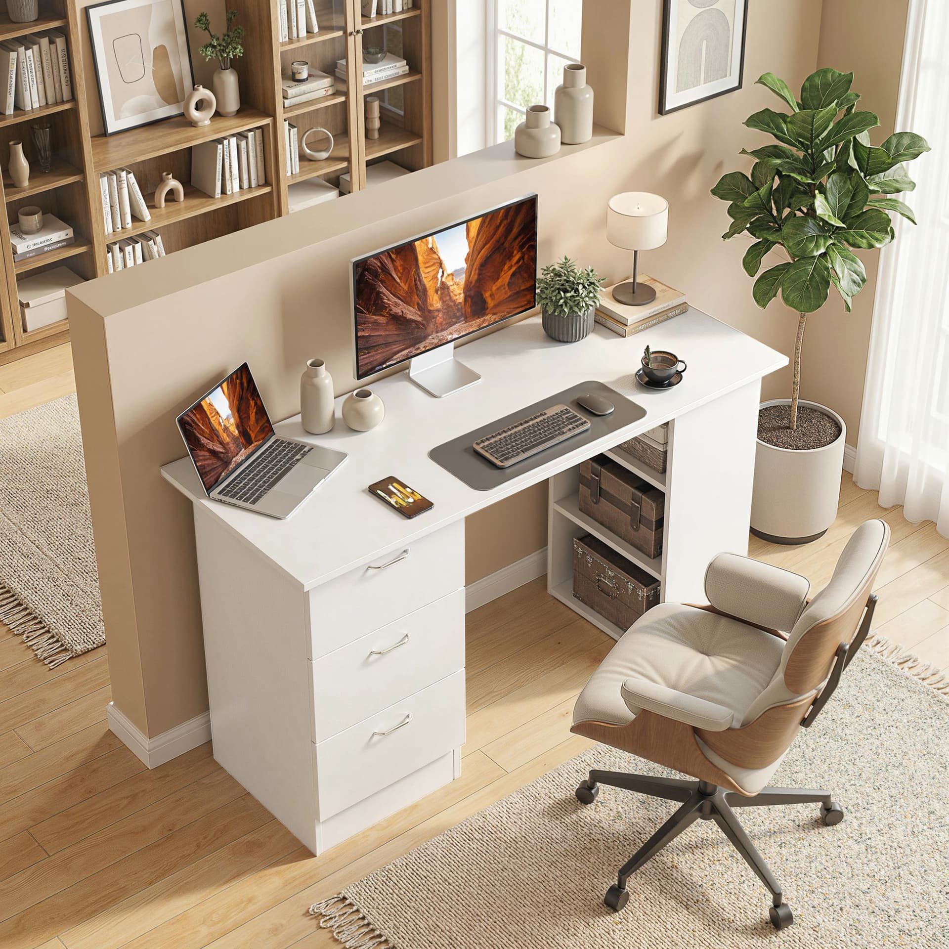 Computer Desk, 47" Writing Table with 3-Tier Shelves and 3 Reversible Drawers for Home Office, Bedroom, White