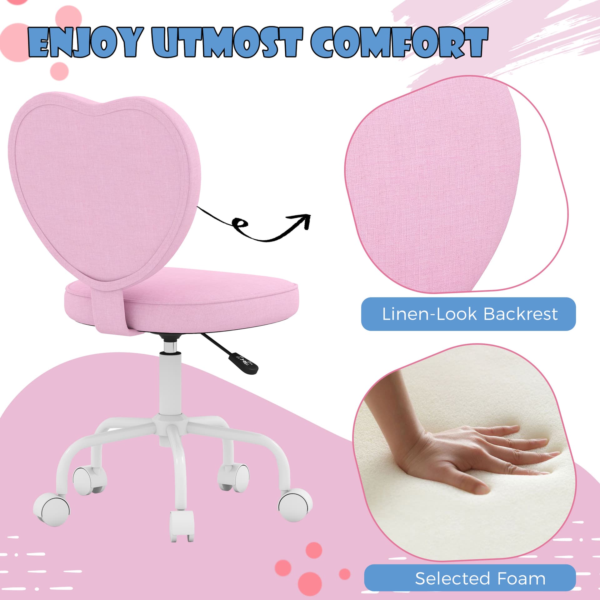 Heart Love Shaped Back Design Office Chair with Adjustable Height, Pink