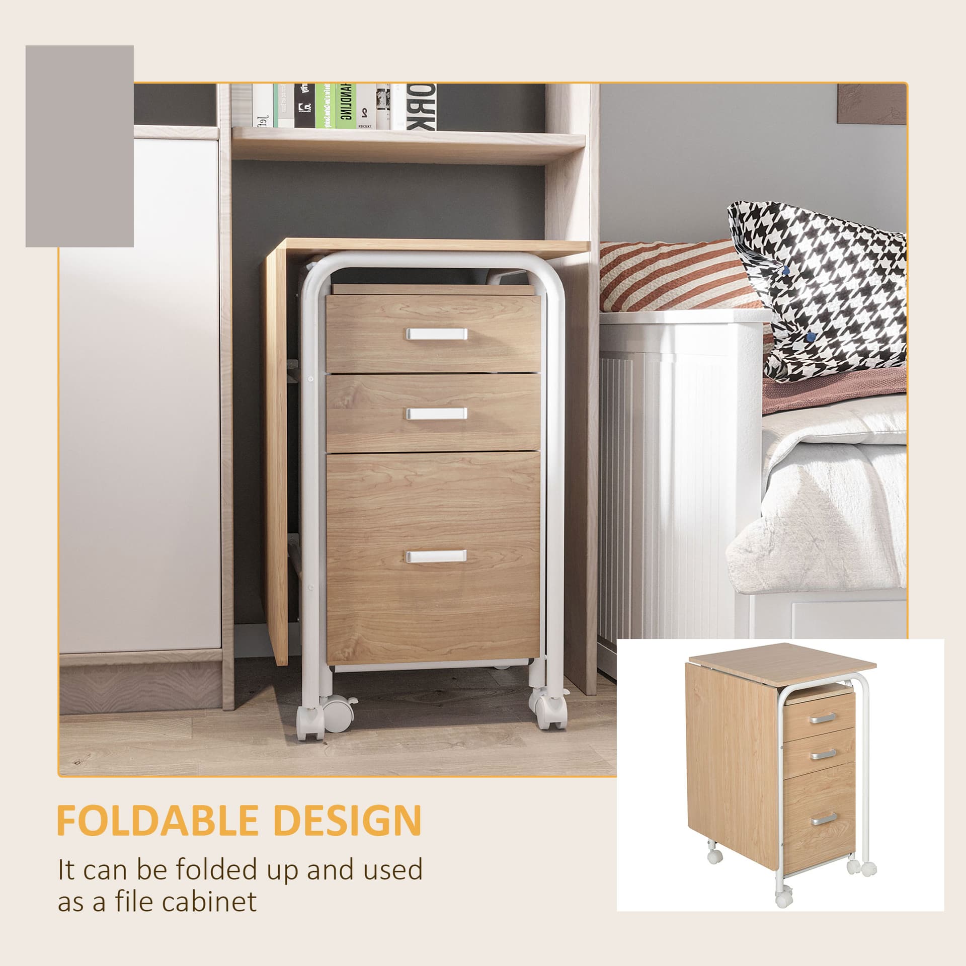 Foldable Computer Desk with Drawers, Executive Student Table with Storage Shelf, 6 Wheels for Bedroom Home Office Workstation, Natural