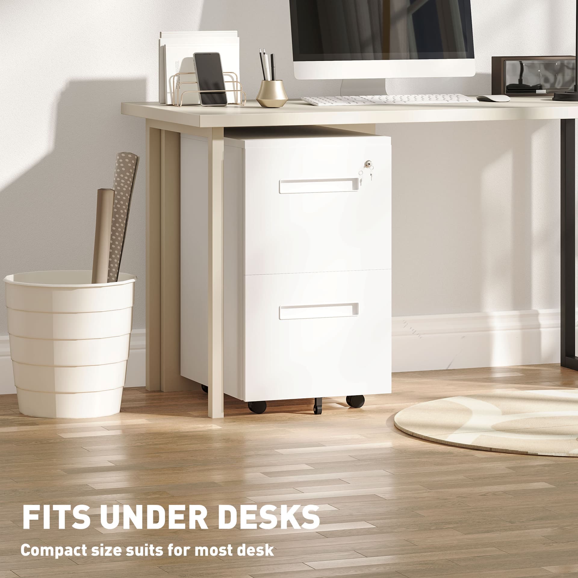 File Cabinet, Vertical Filing Cabinet with Adjustable Partition for A4 Letter Size, Lockable for Office, White