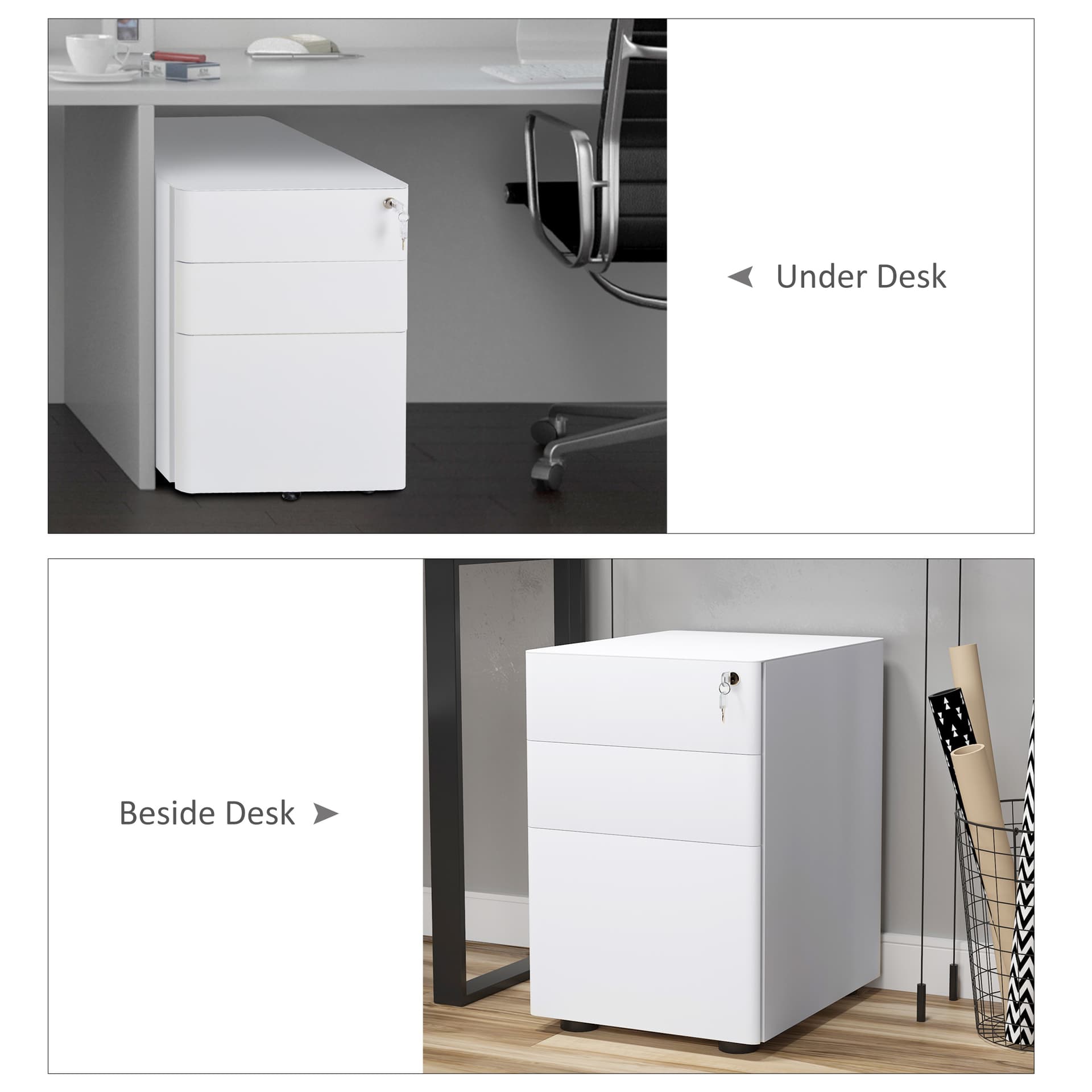 3 Drawer Filing Cabinet, Steel Home Office Storage Cabinet with Wheels, Lock for A4, Letters, Legal-sized Files, White
