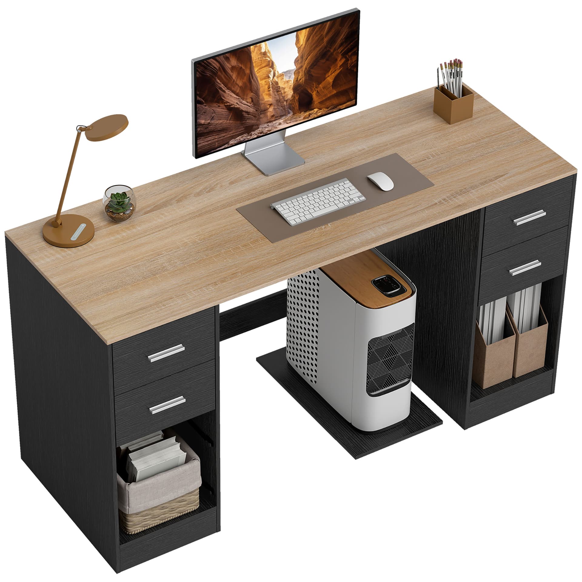 Office Desk, 55" Computer Desk with 4 Reversible Drawers, Mobile PC Stand, Adjustable Shelf, Black Wood Grain - Computer Desks - Office Furniture